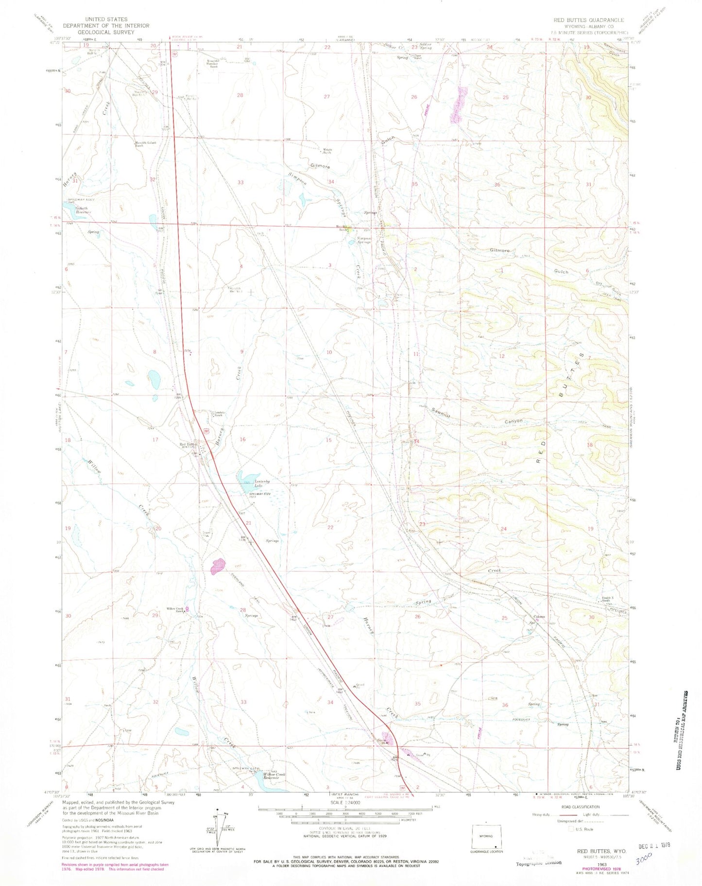 Classic USGS Red Buttes Wyoming 7.5'x7.5' Topo Map Image