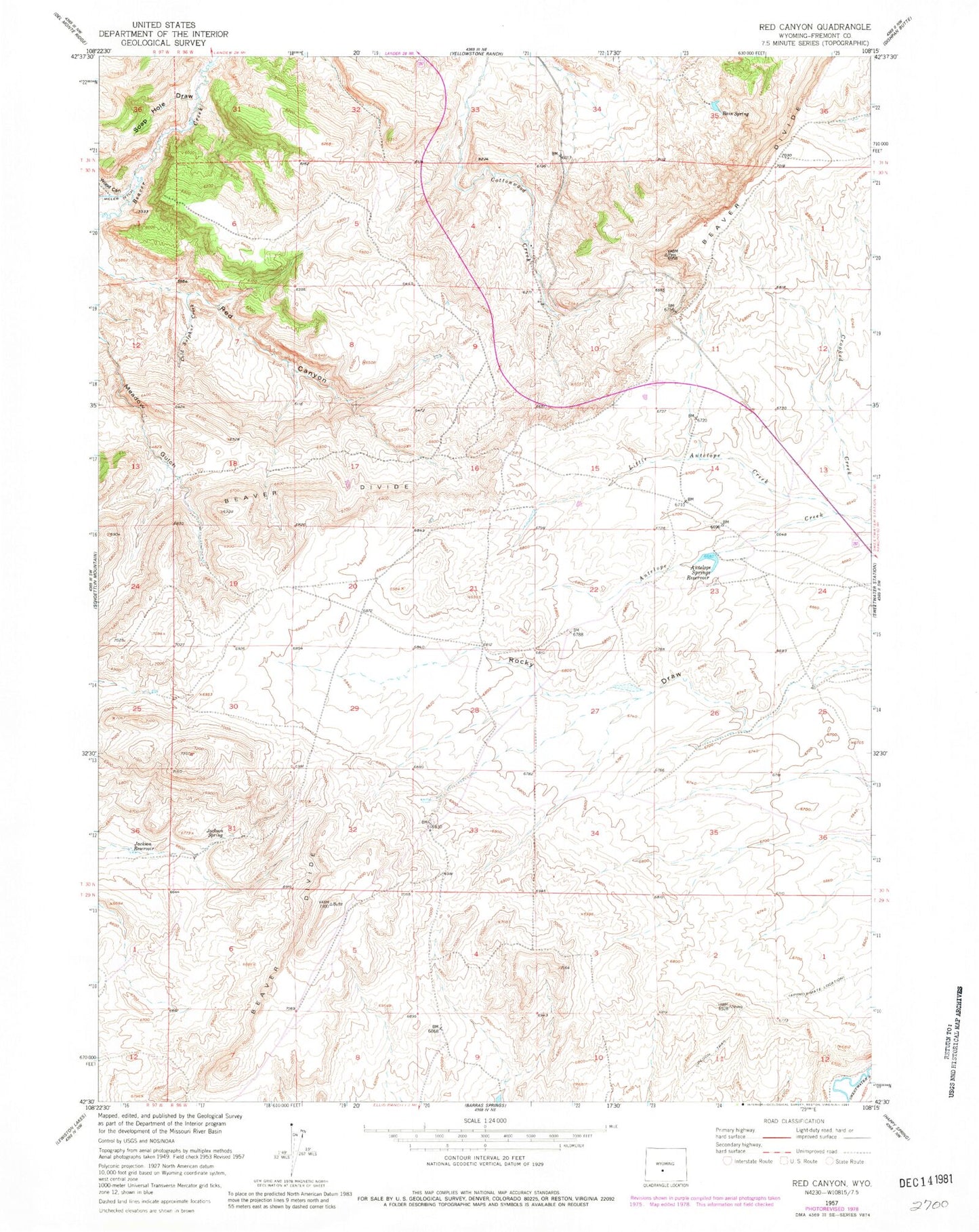 Classic USGS Red Canyon Wyoming 7.5'x7.5' Topo Map Image