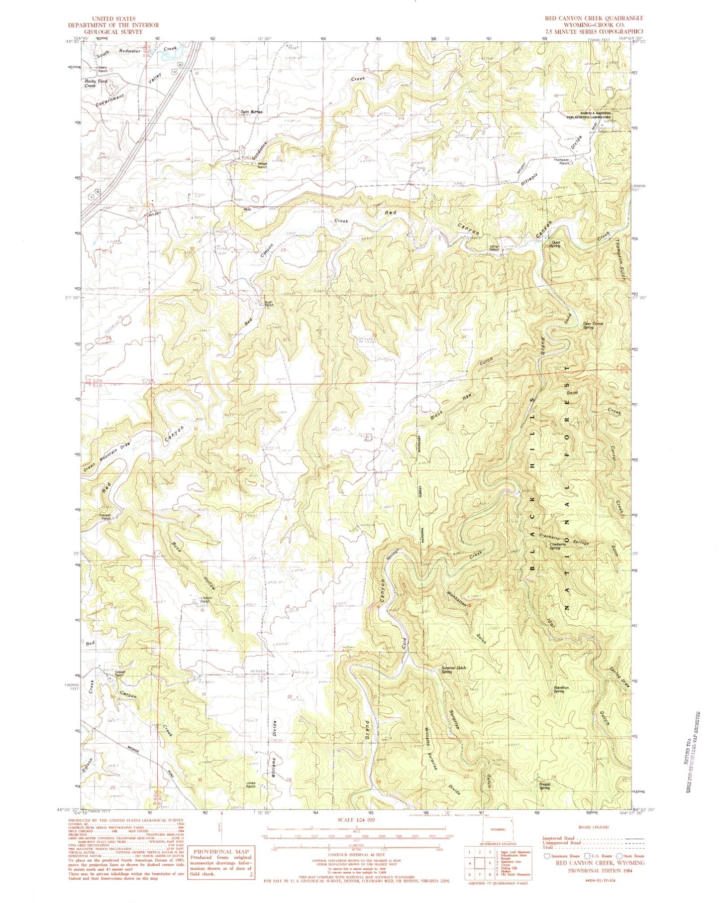 Classic USGS Red Canyon Creek Wyoming 7.5'x7.5' Topo Map Image