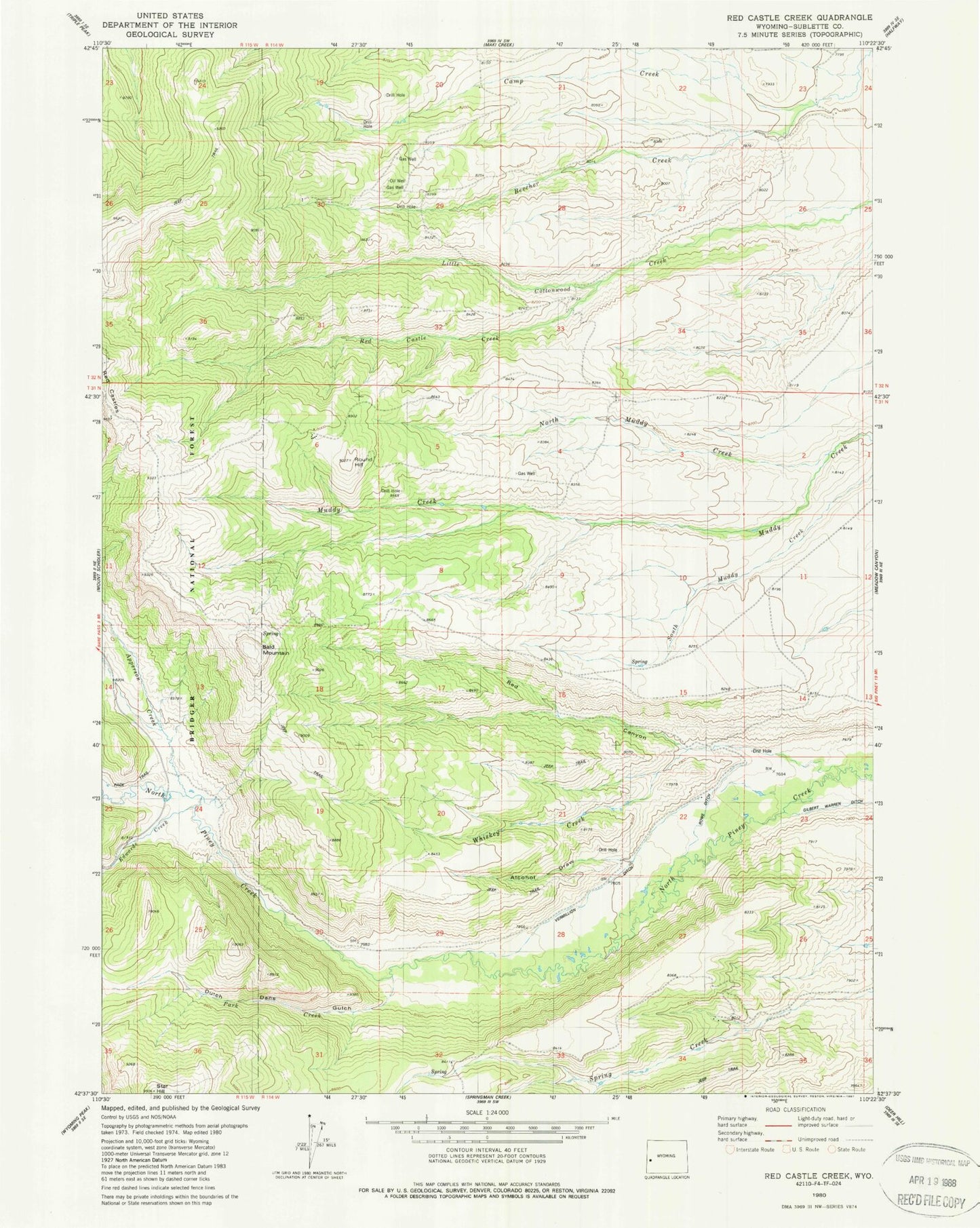 Classic USGS Red Castle Creek Wyoming 7.5'x7.5' Topo Map Image