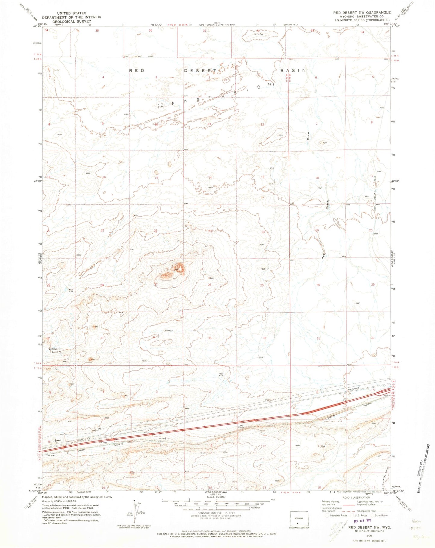 Classic USGS Red Desert NW Wyoming 7.5'x7.5' Topo Map Image