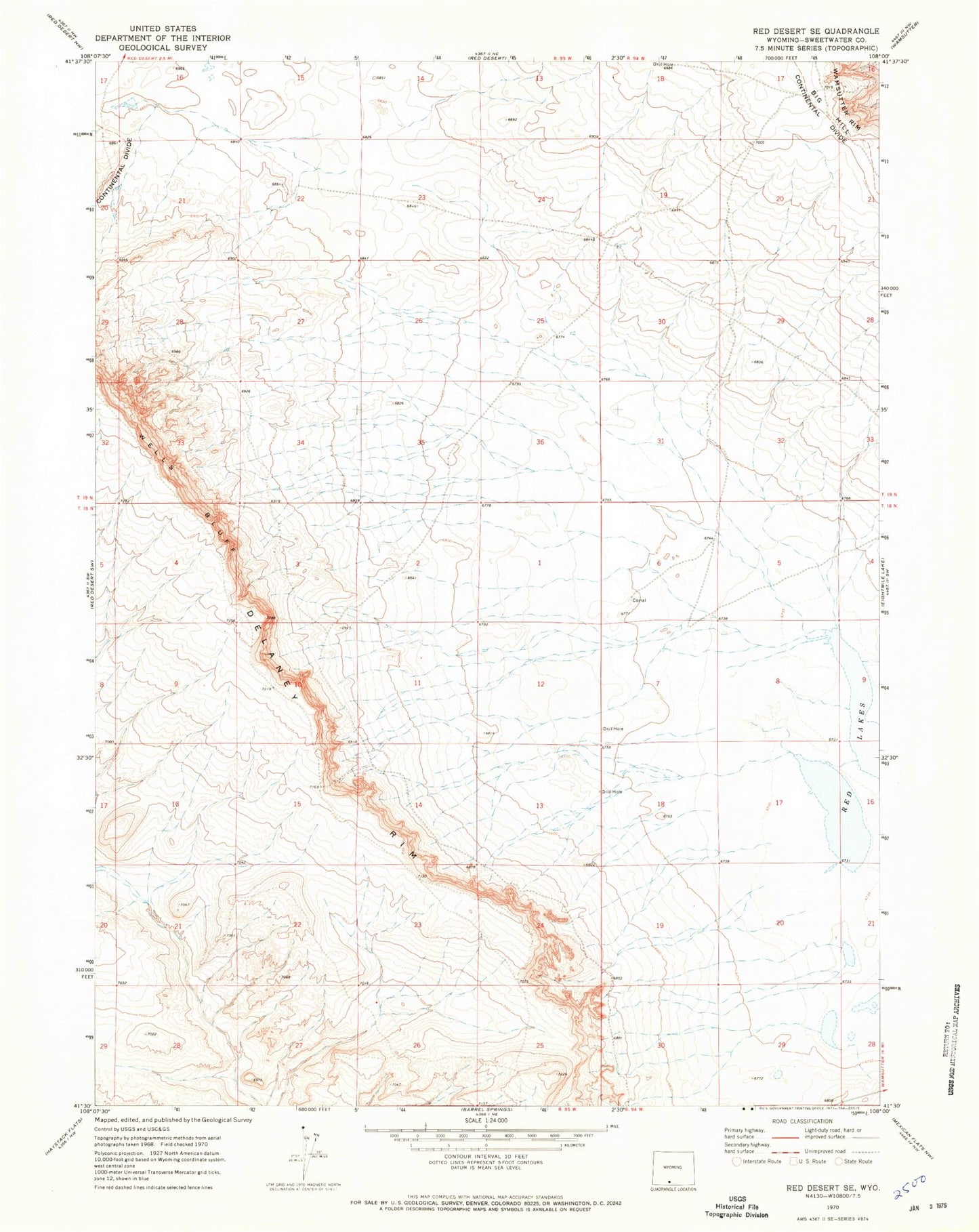 Classic USGS Red Desert SE Wyoming 7.5'x7.5' Topo Map Image