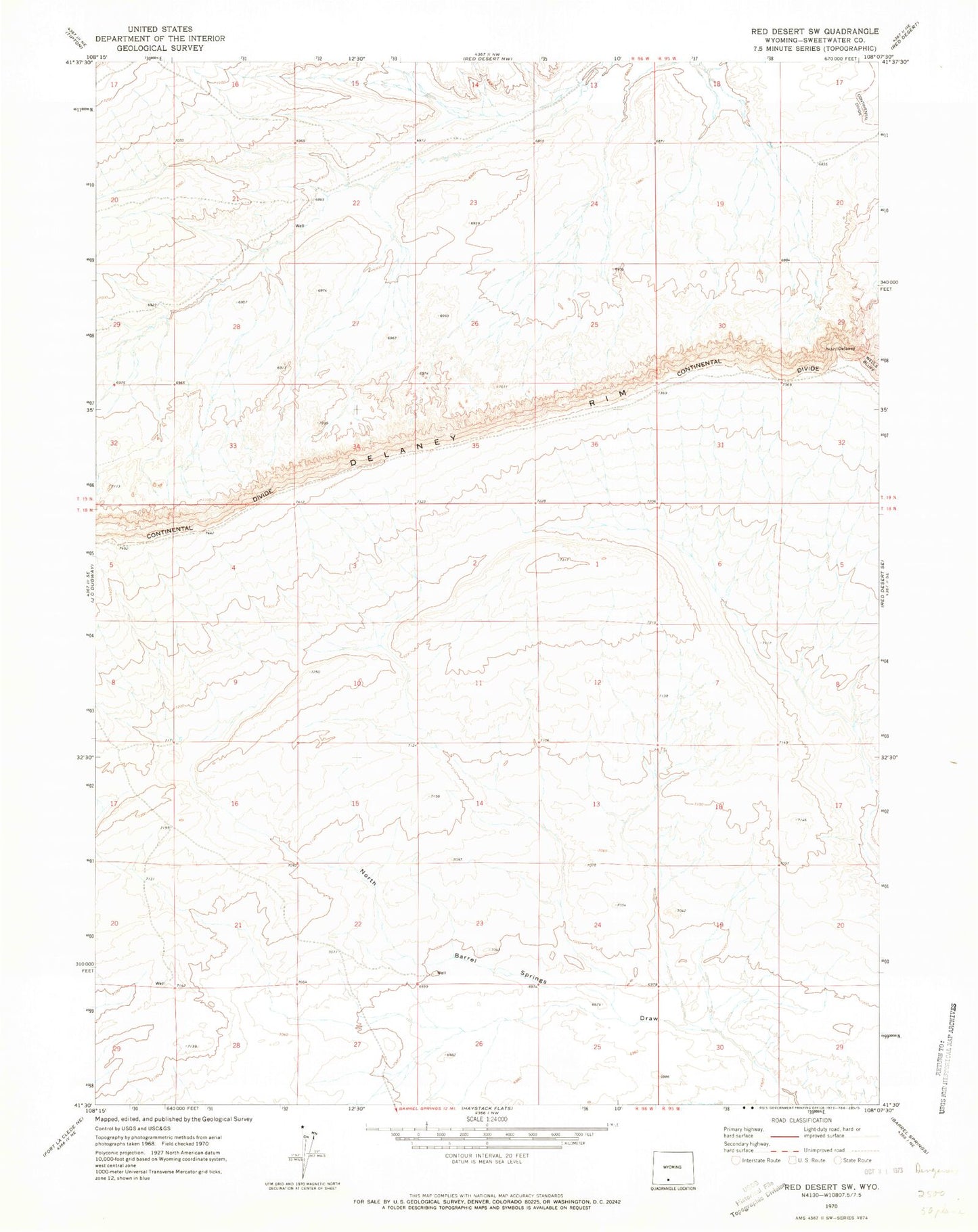 Classic USGS Red Desert SW Wyoming 7.5'x7.5' Topo Map Image