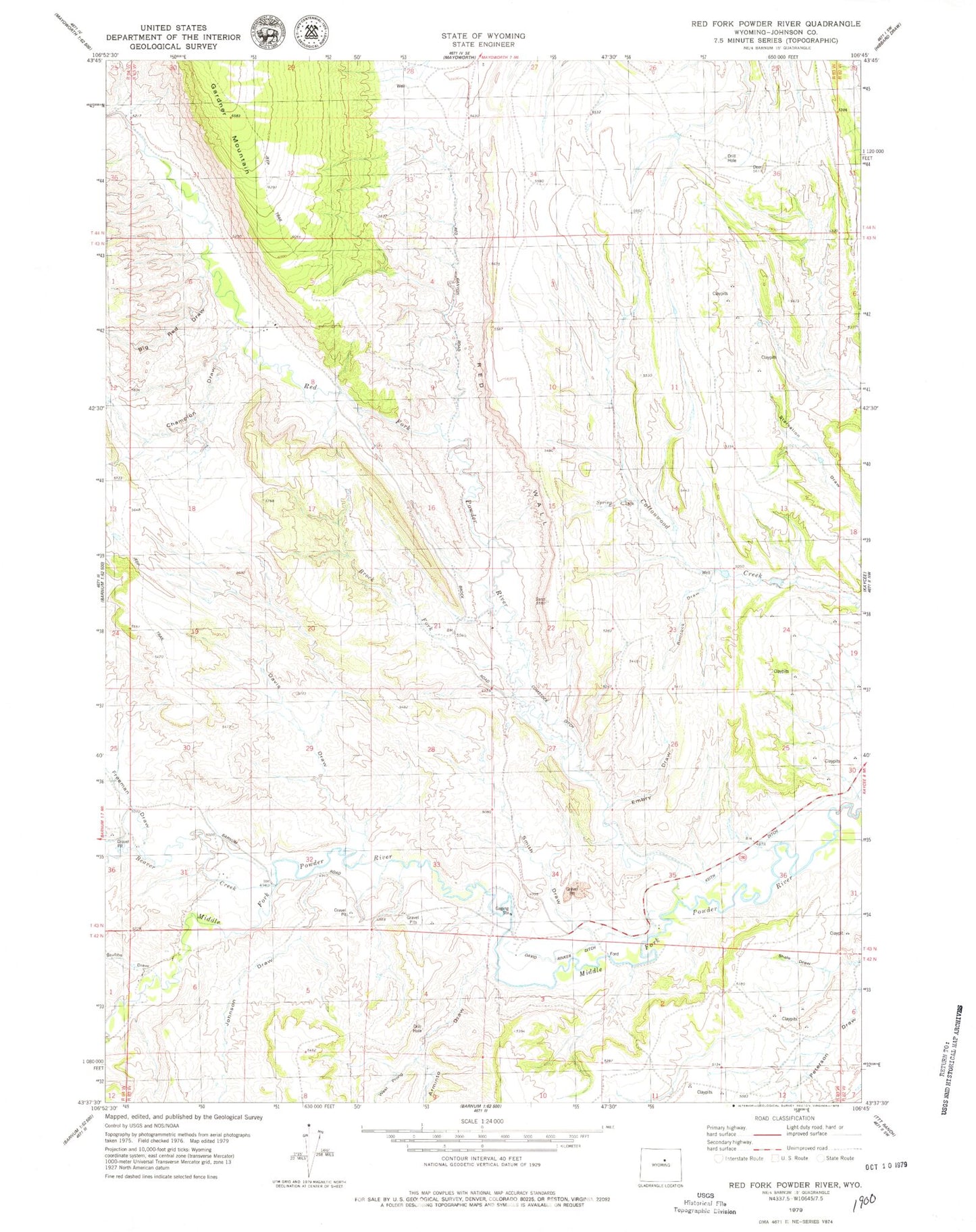 Classic USGS Red Fork Powder River Wyoming 7.5'x7.5' Topo Map Image
