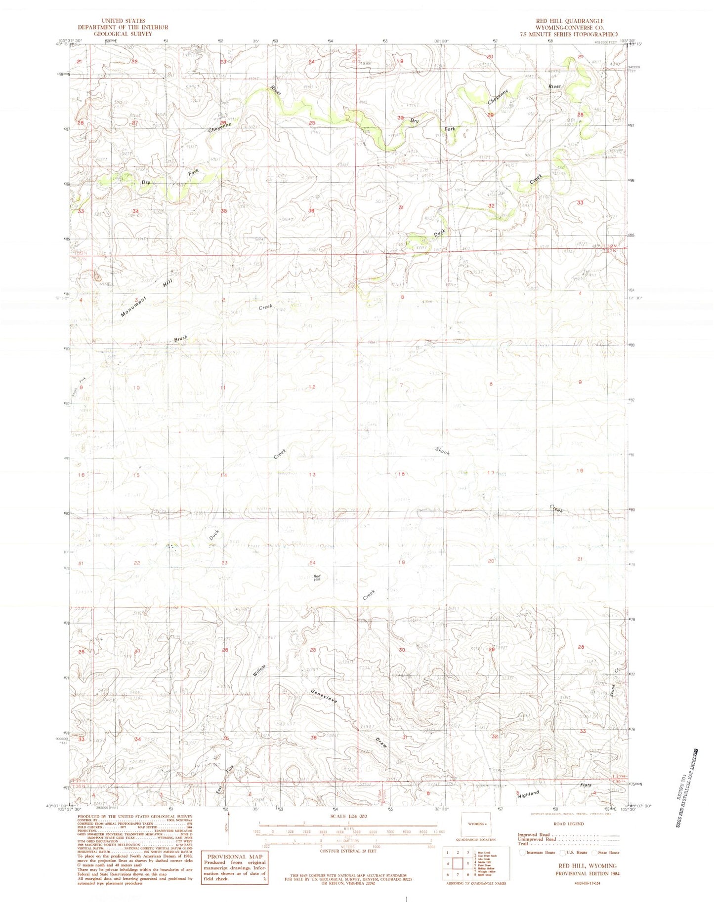 Classic USGS Red Hill Wyoming 7.5'x7.5' Topo Map Image