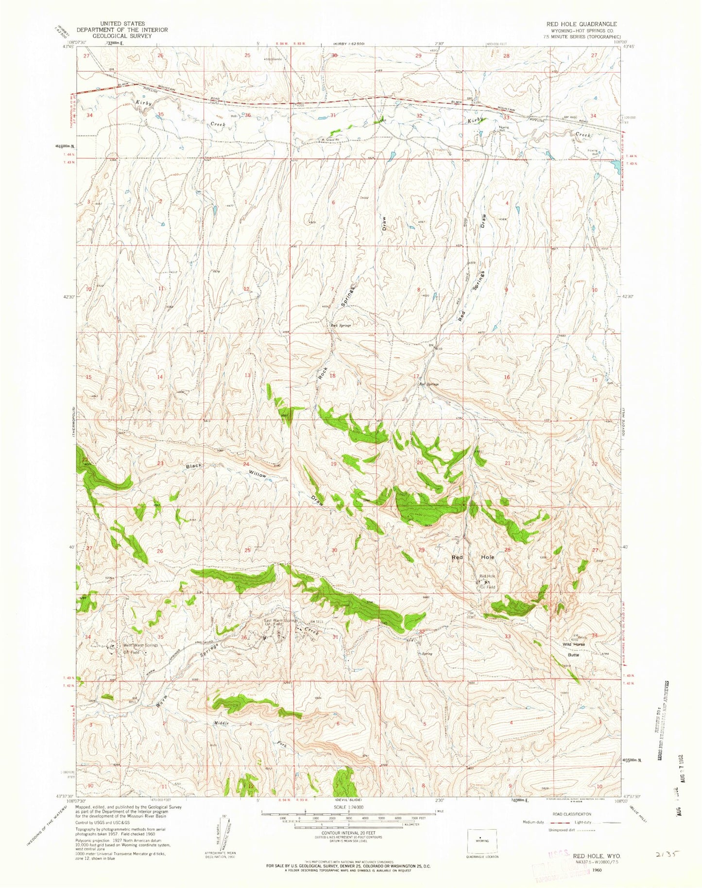 Classic USGS Red Hole Wyoming 7.5'x7.5' Topo Map Image