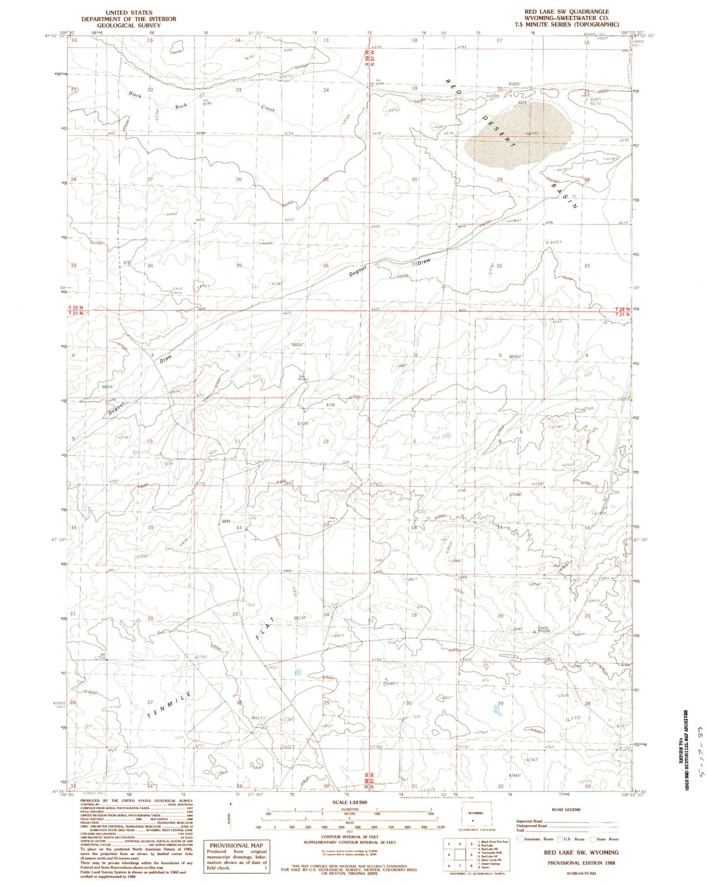 Classic USGS Red Lake SW Wyoming 7.5'x7.5' Topo Map Image