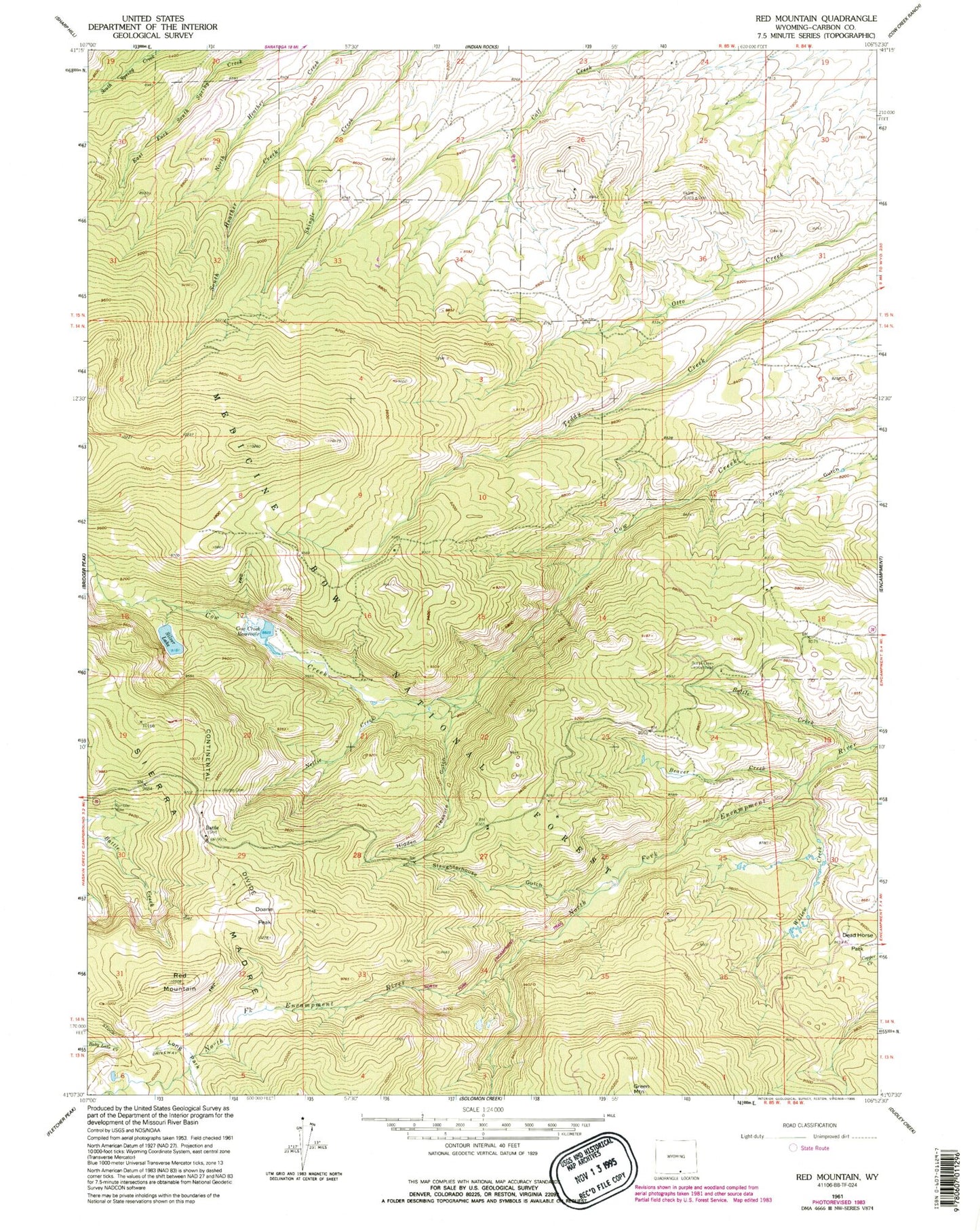 Classic USGS Red Mountain Wyoming 7.5'x7.5' Topo Map Image