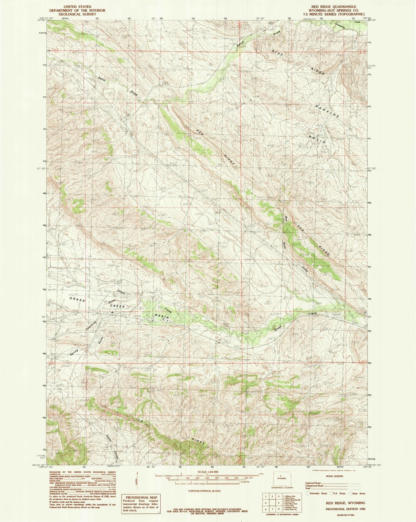 Classic USGS Red Ridge Wyoming 7.5'x7.5' Topo Map Image