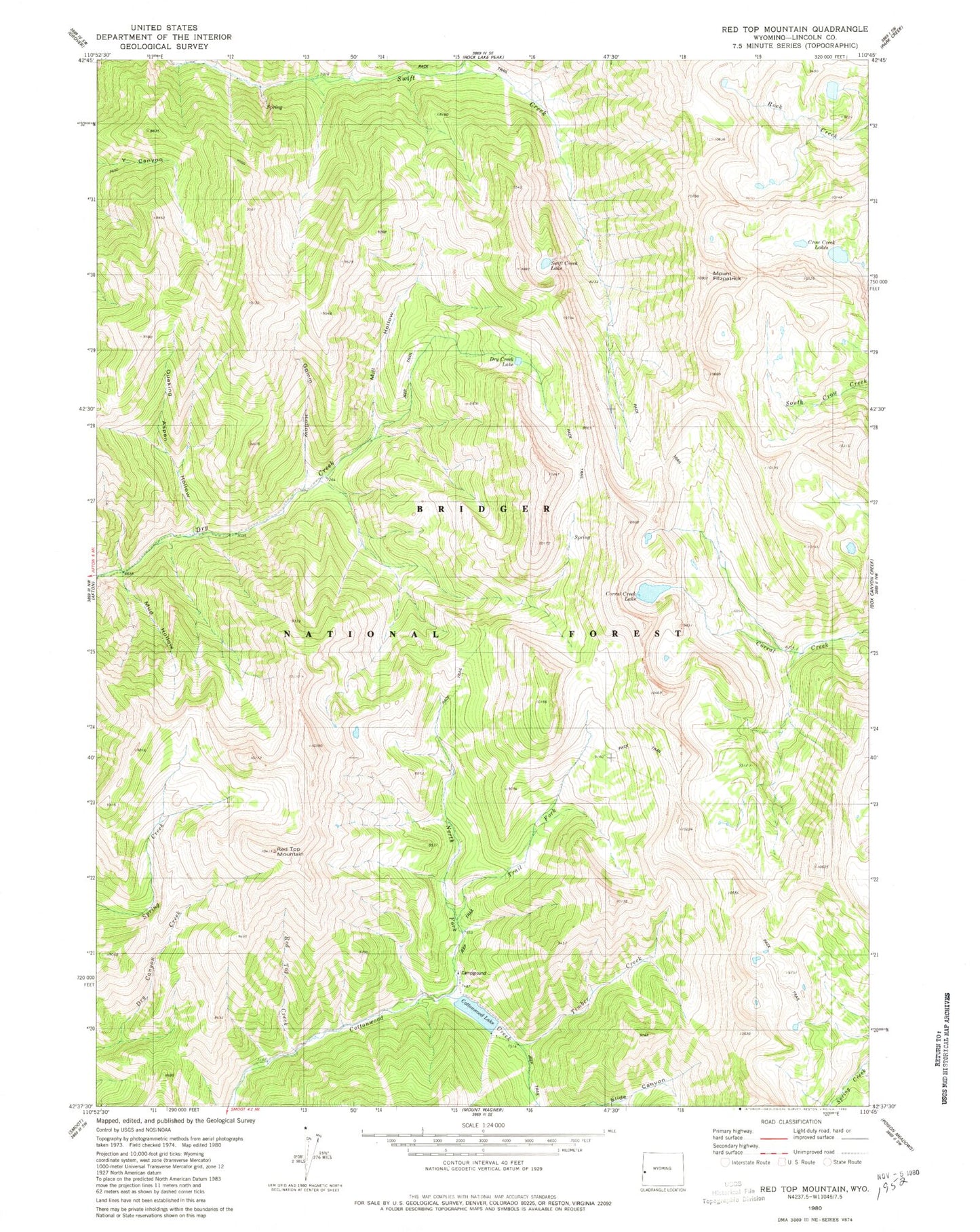 Classic USGS Red Top Mountain Wyoming 7.5'x7.5' Topo Map Image