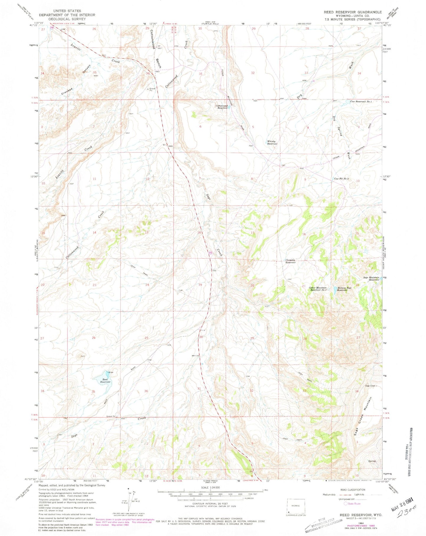 Classic USGS Reed Reservoir Wyoming 7.5'x7.5' Topo Map Image