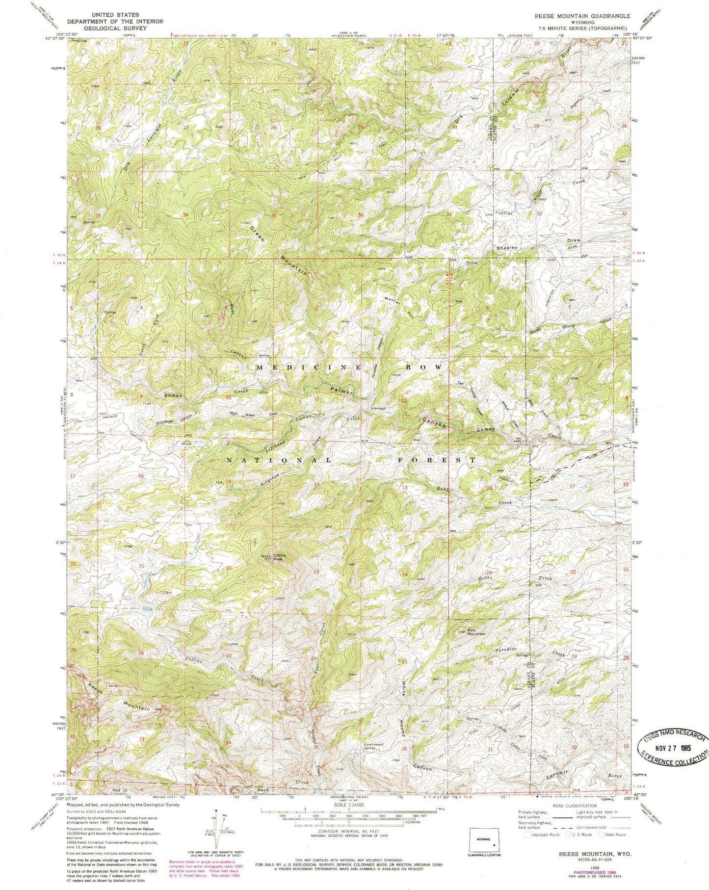 Classic USGS Reese Mountain Wyoming 7.5'x7.5' Topo Map Image