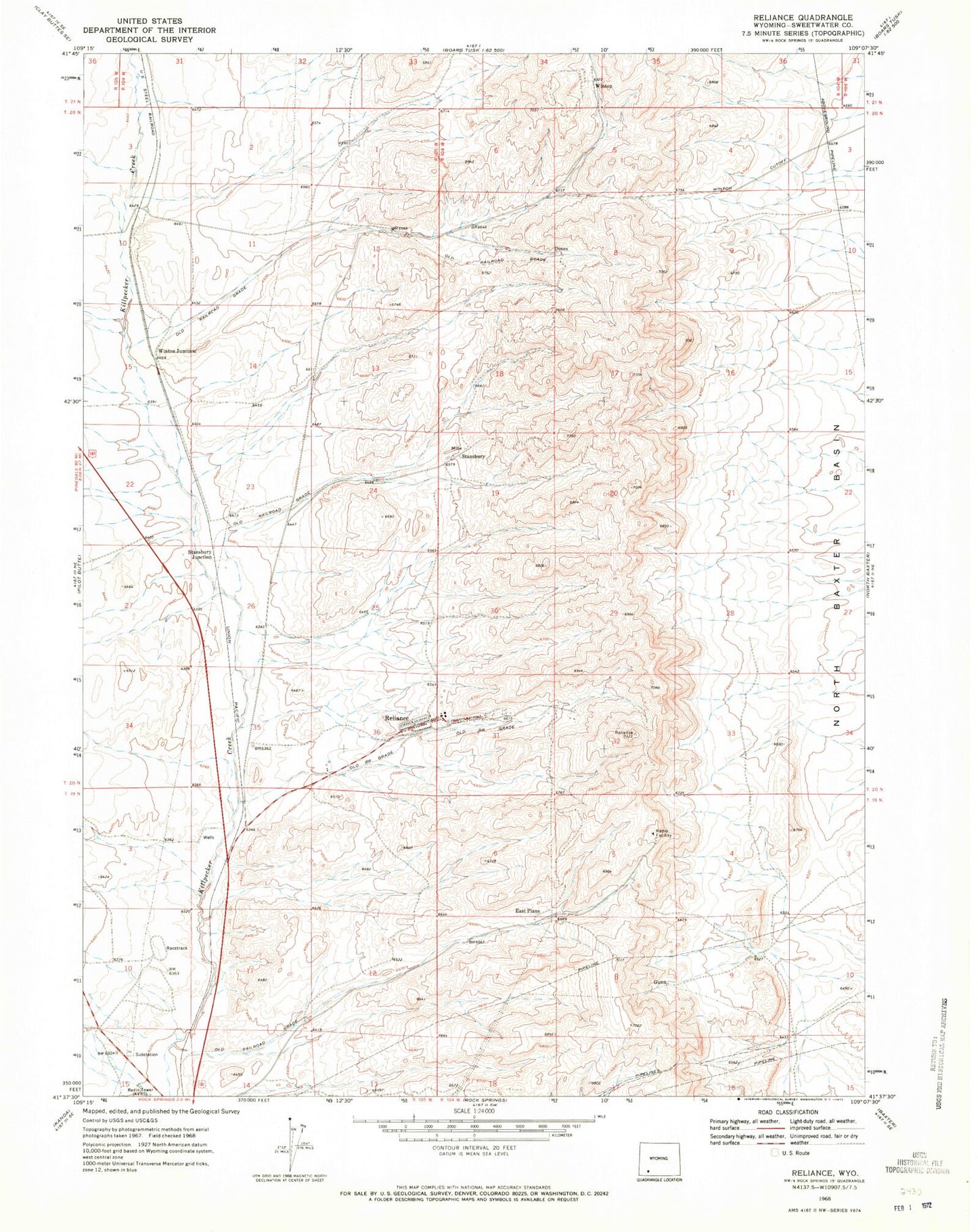 Classic USGS Reliance Wyoming 7.5'x7.5' Topo Map Image
