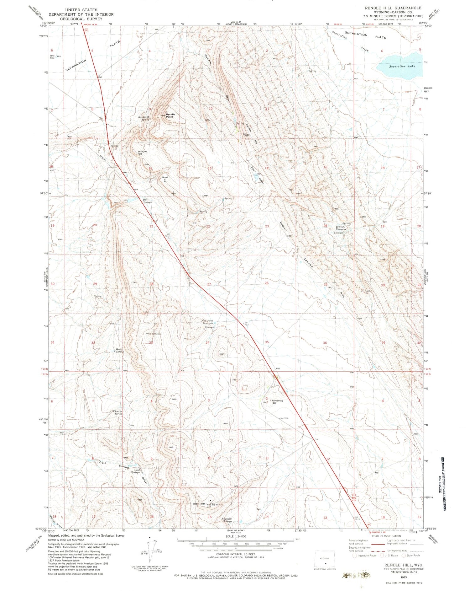 Classic USGS Rendle Hill Wyoming 7.5'x7.5' Topo Map Image
