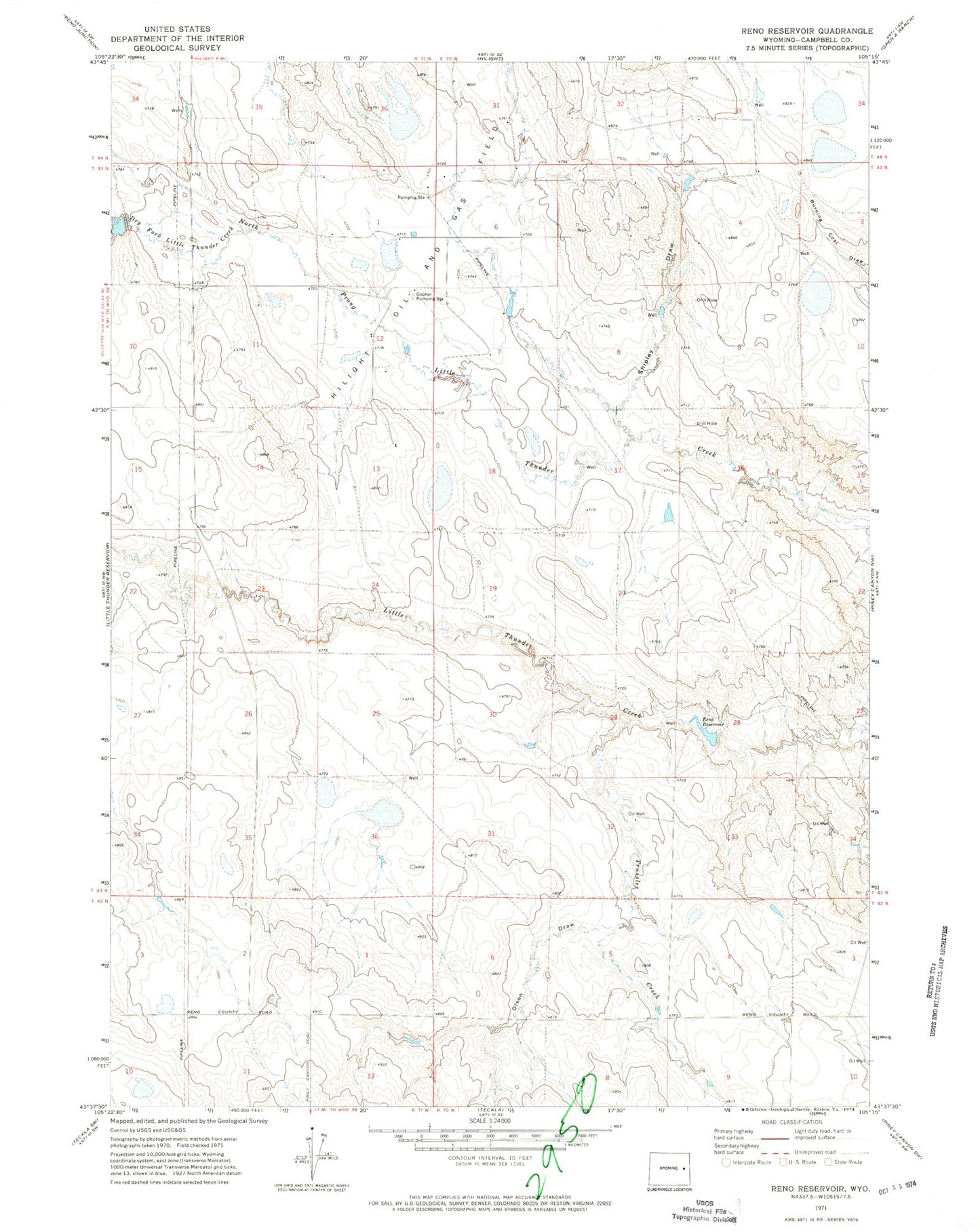 Classic USGS Reno Reservoir Wyoming 7.5'x7.5' Topo Map Image