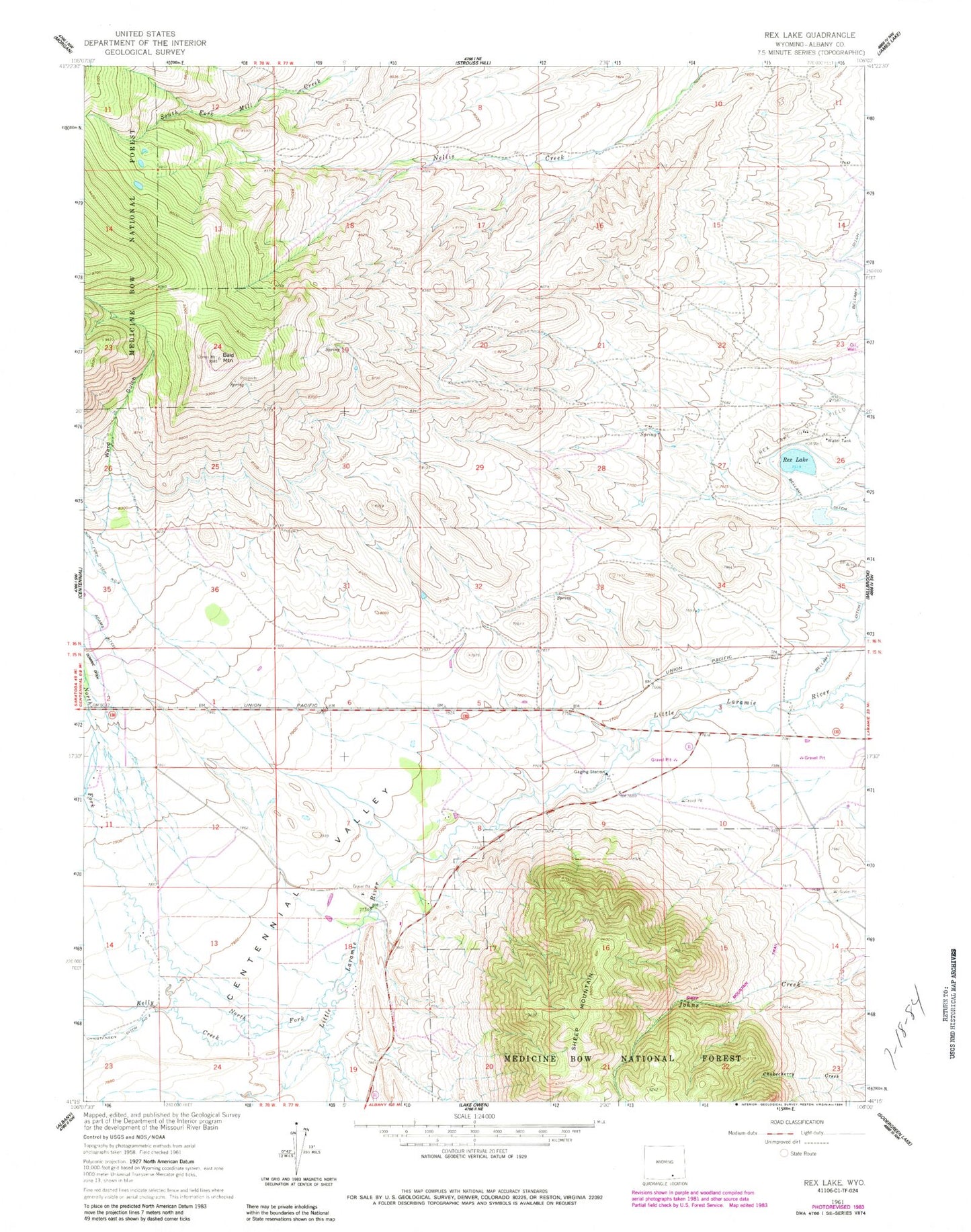 Classic USGS Rex Lake Wyoming 7.5'x7.5' Topo Map Image