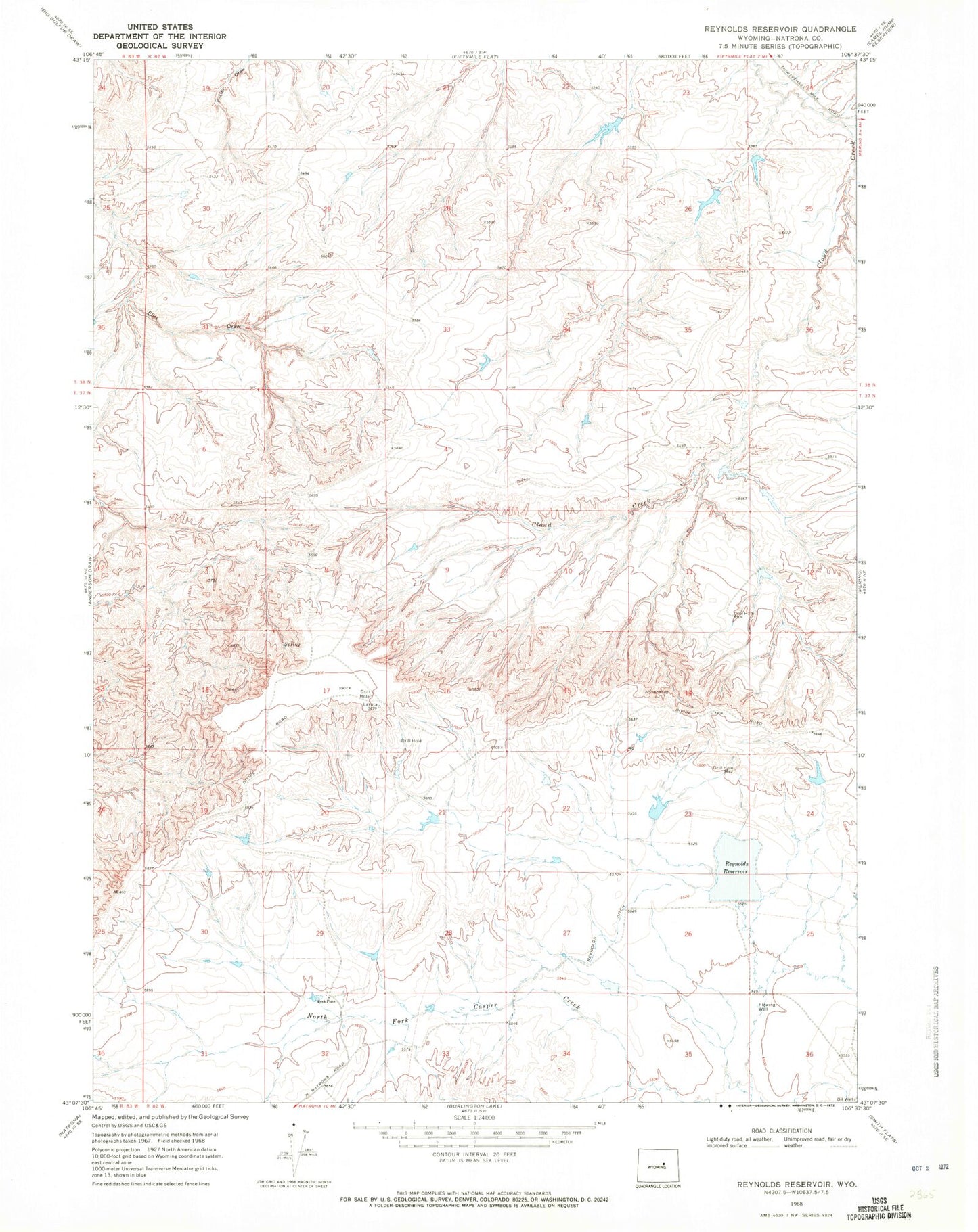 Classic USGS Reynolds Reservoir Wyoming 7.5'x7.5' Topo Map Image