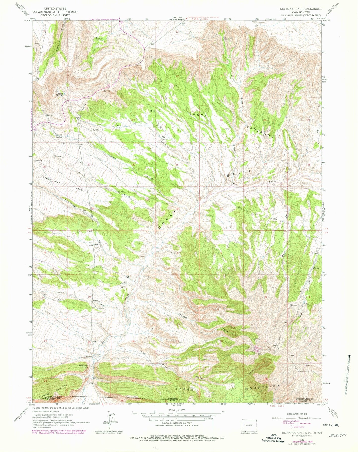 Classic USGS Richards Gap Wyoming 7.5'x7.5' Topo Map Image