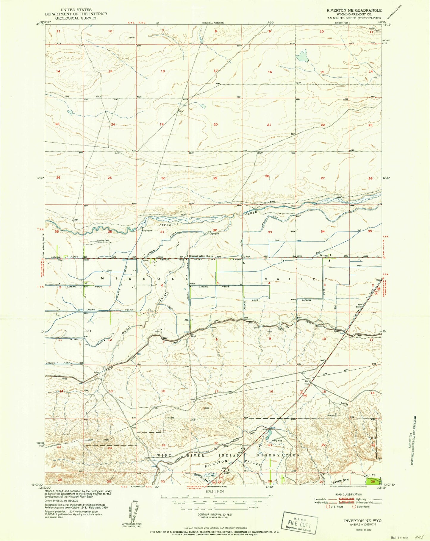 Classic USGS Riverton NE Wyoming 7.5'x7.5' Topo Map Image
