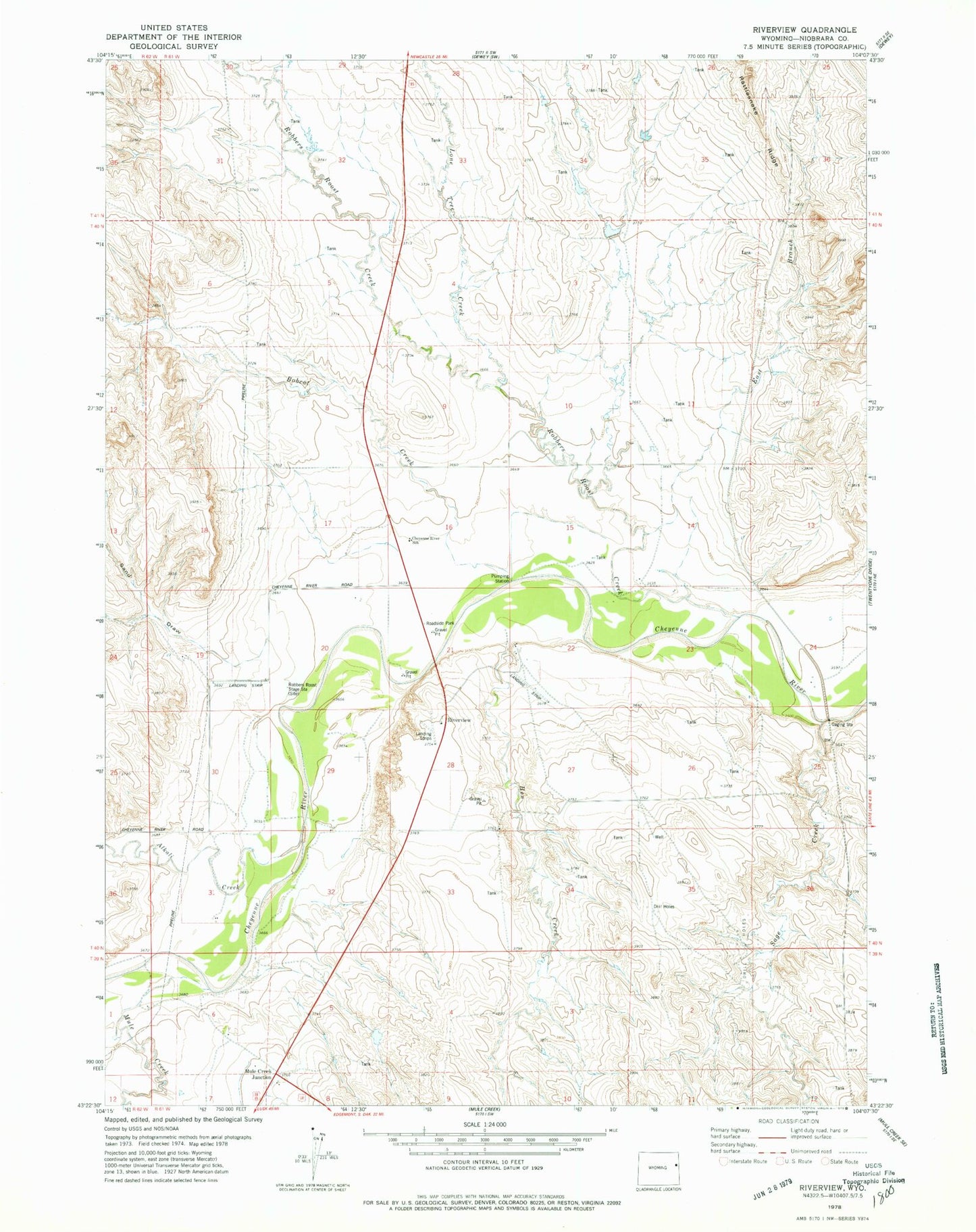 Classic USGS Riverview Wyoming 7.5'x7.5' Topo Map Image