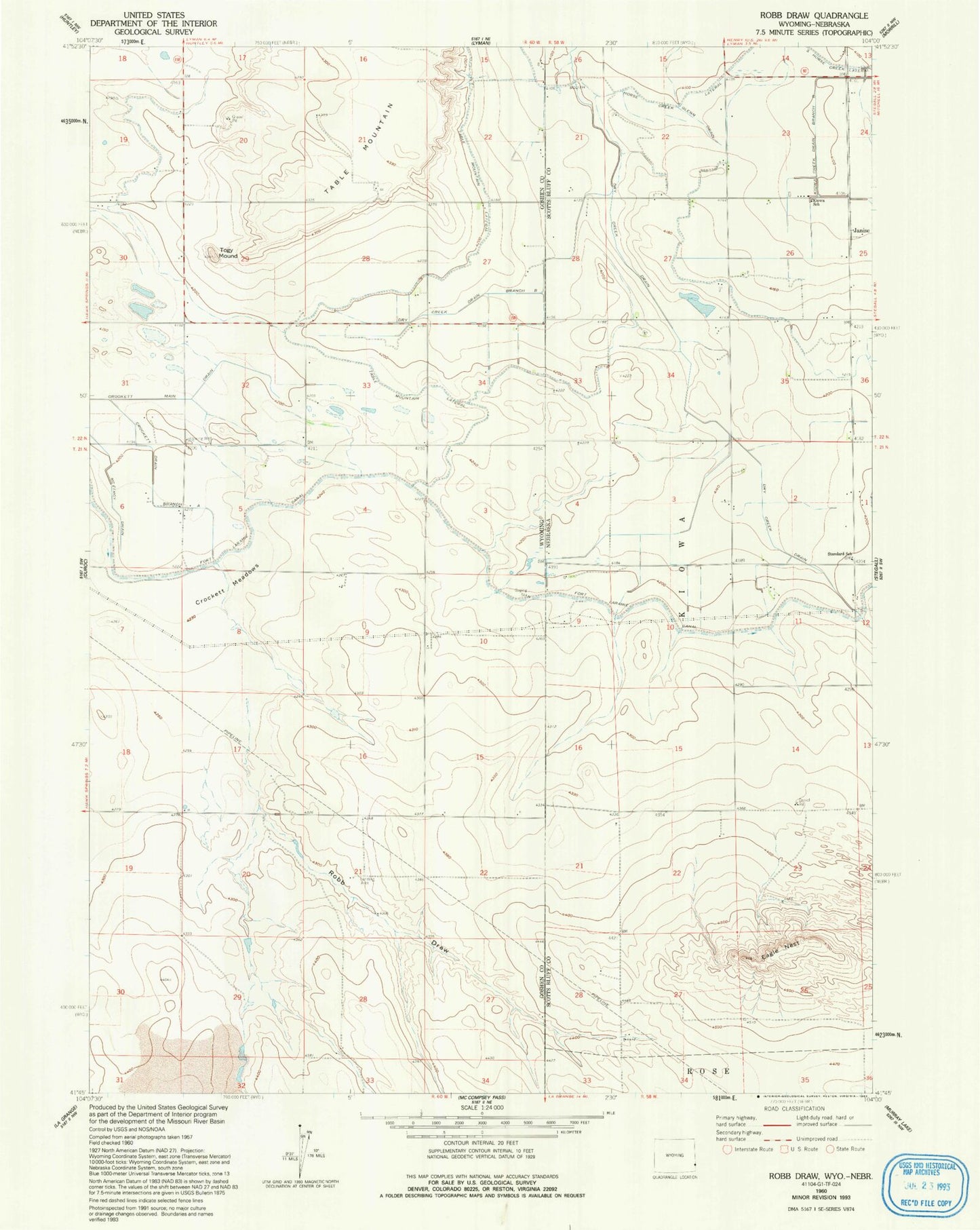 Classic USGS Robb Draw Wyoming 7.5'x7.5' Topo Map Image