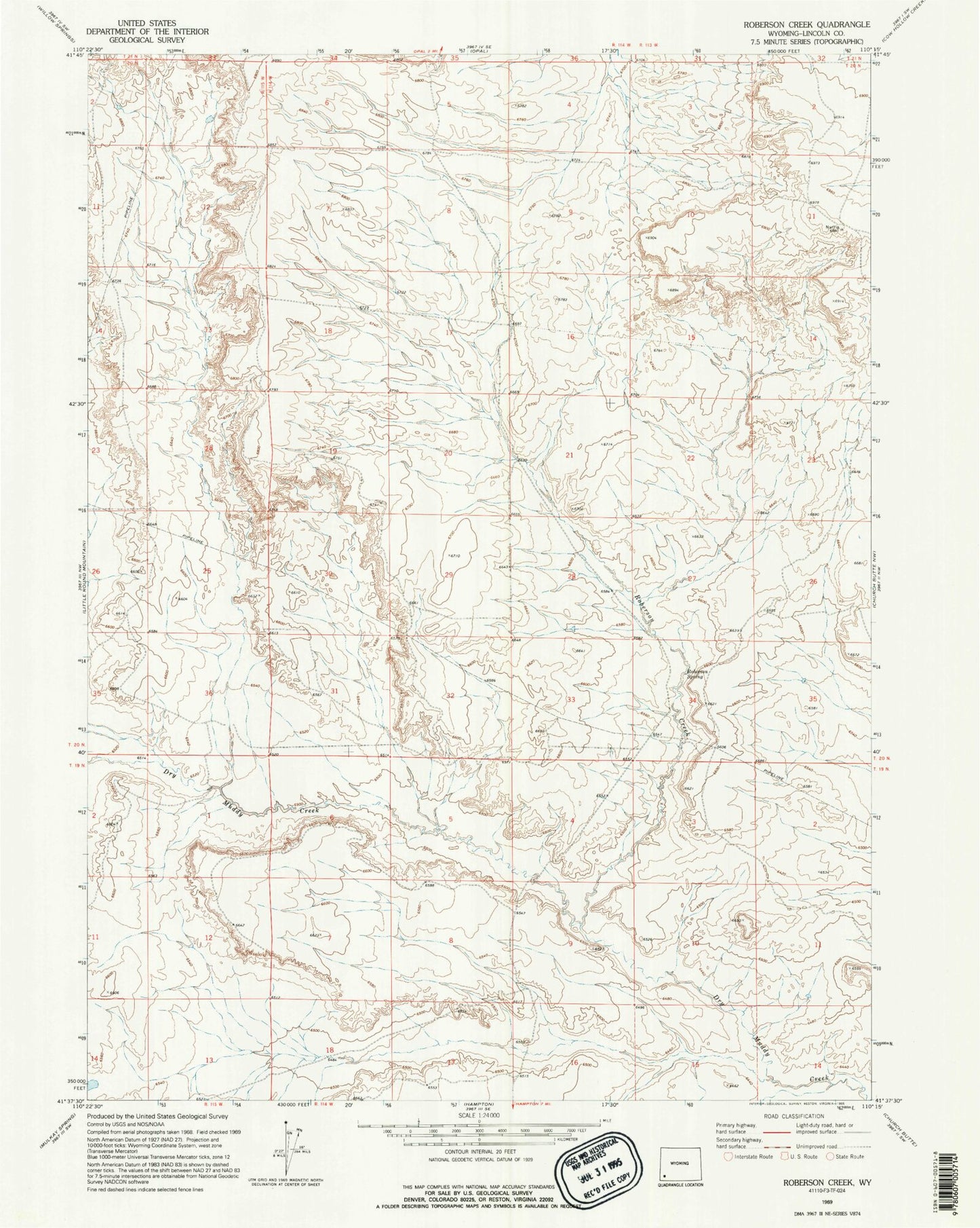 Classic USGS Roberson Creek Wyoming 7.5'x7.5' Topo Map Image