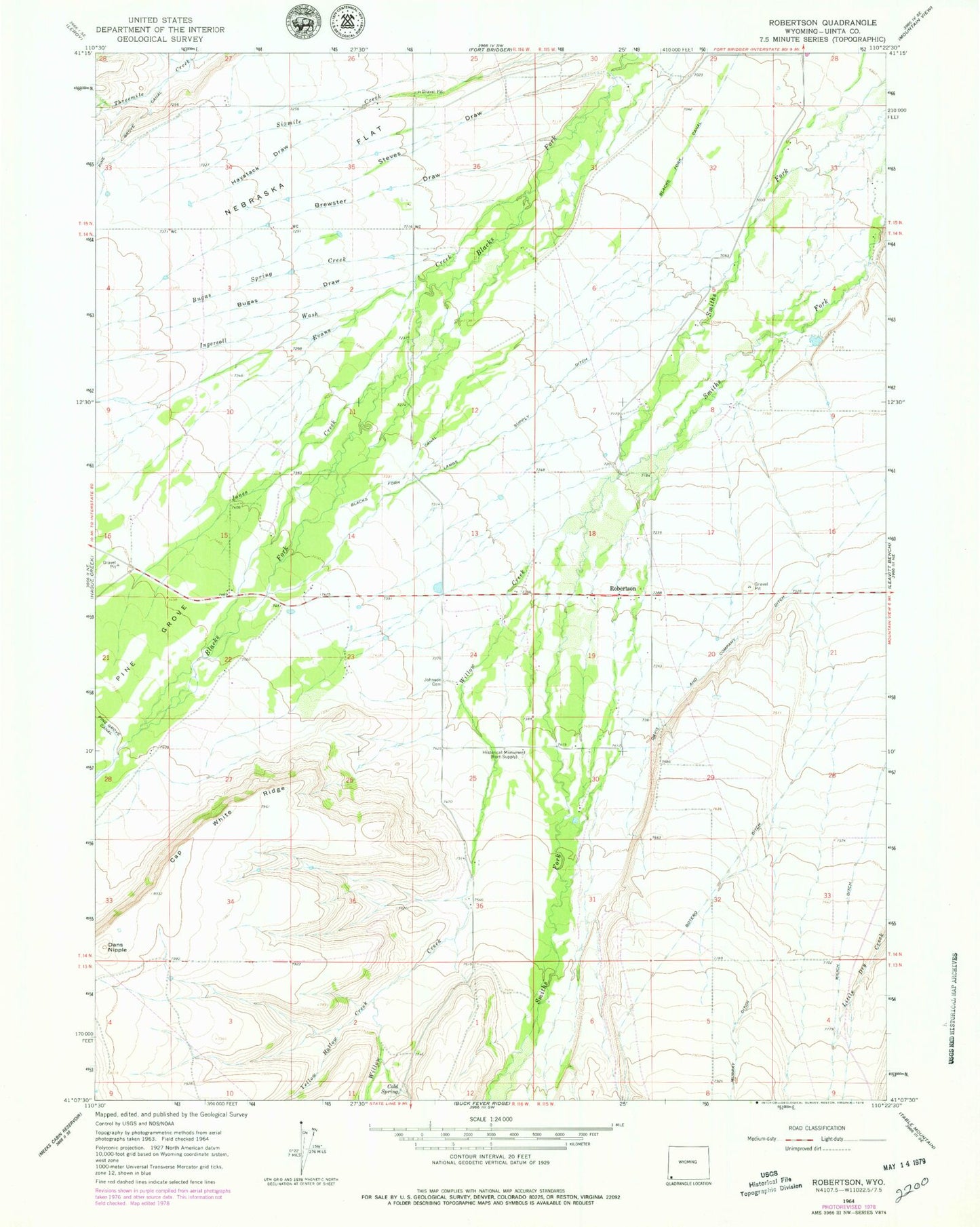 Classic USGS Robertson Wyoming 7.5'x7.5' Topo Map Image