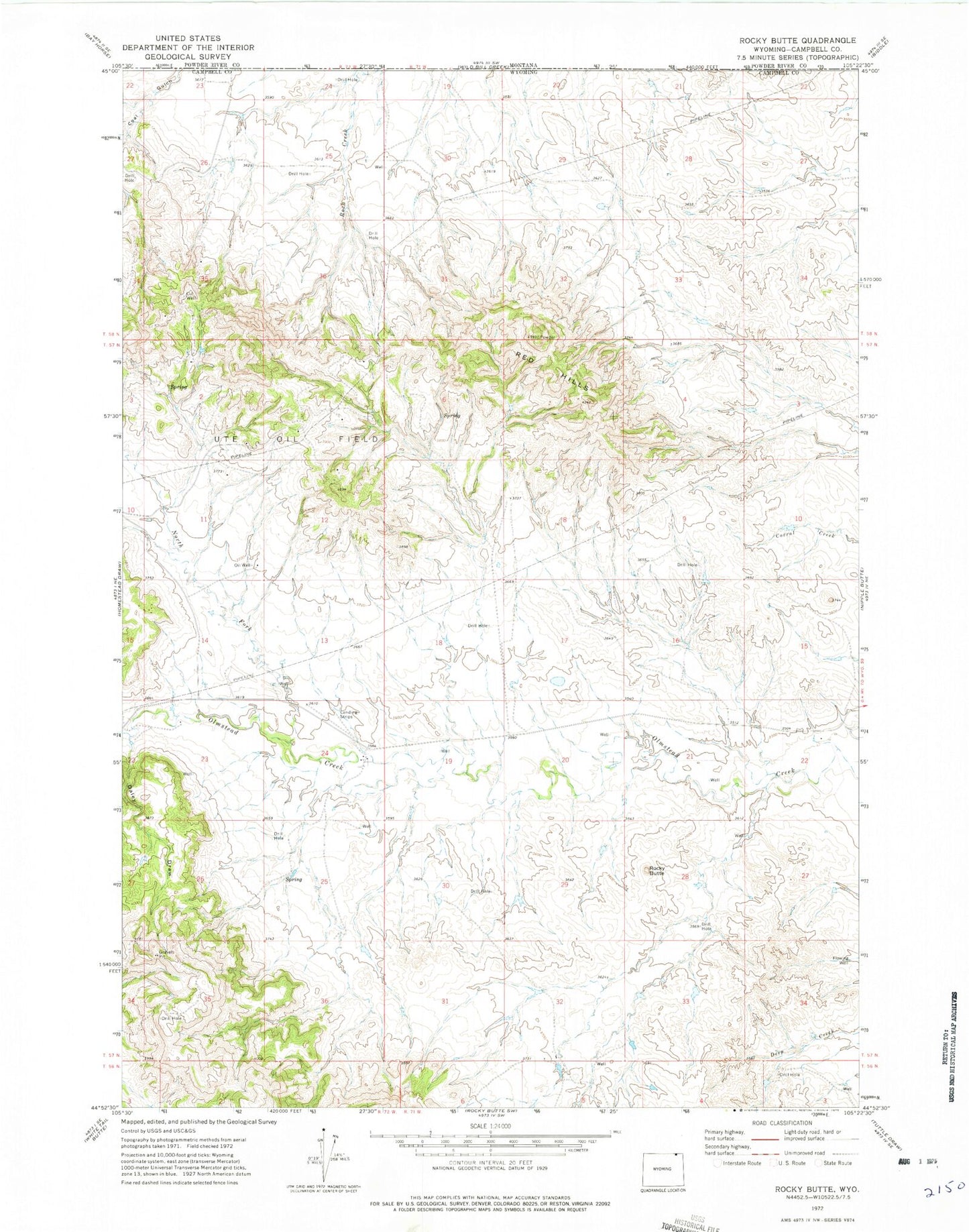 Classic USGS Rocky Butte Wyoming 7.5'x7.5' Topo Map Image