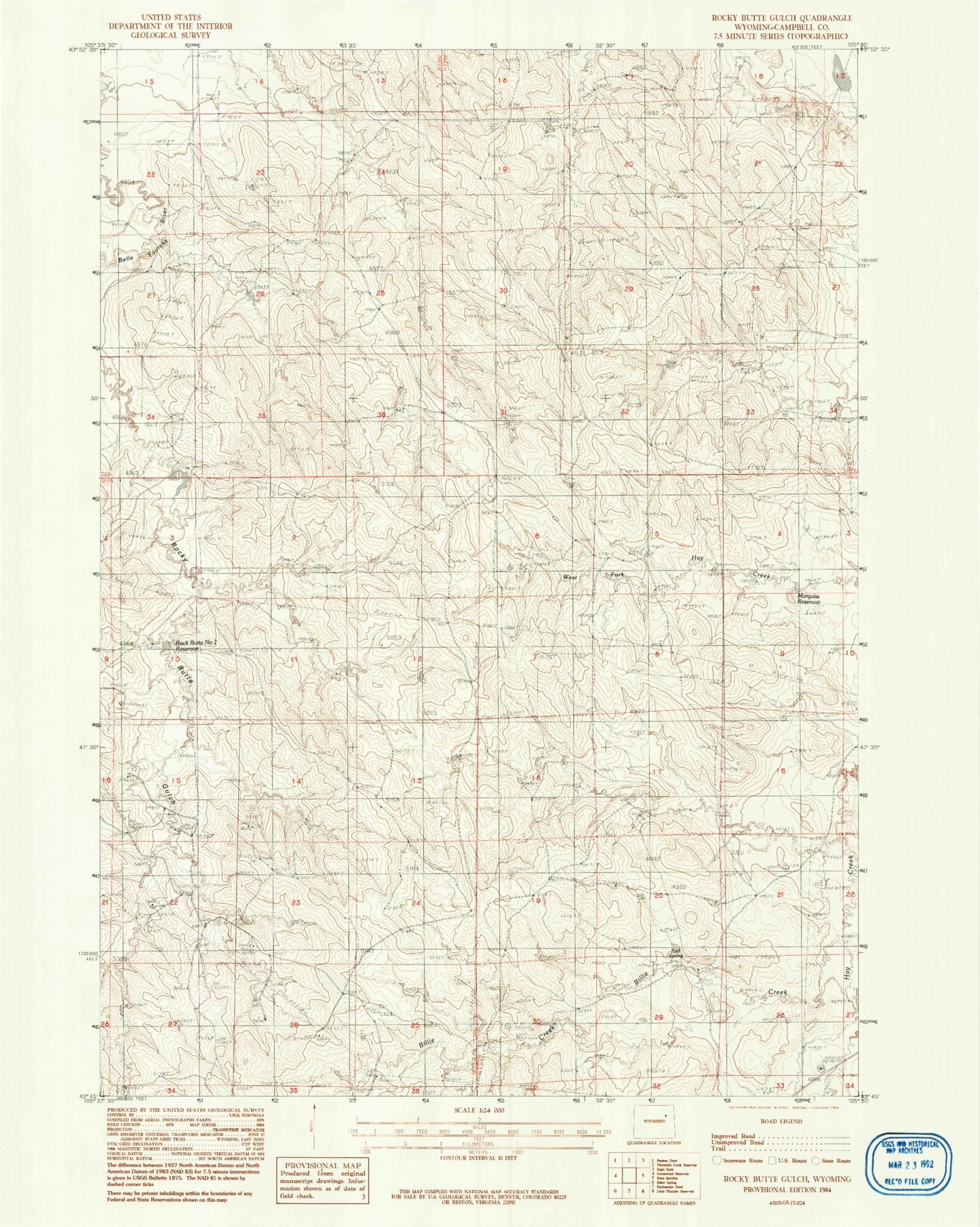 Classic USGS Rocky Butte Gulch Wyoming 7.5'x7.5' Topo Map Image