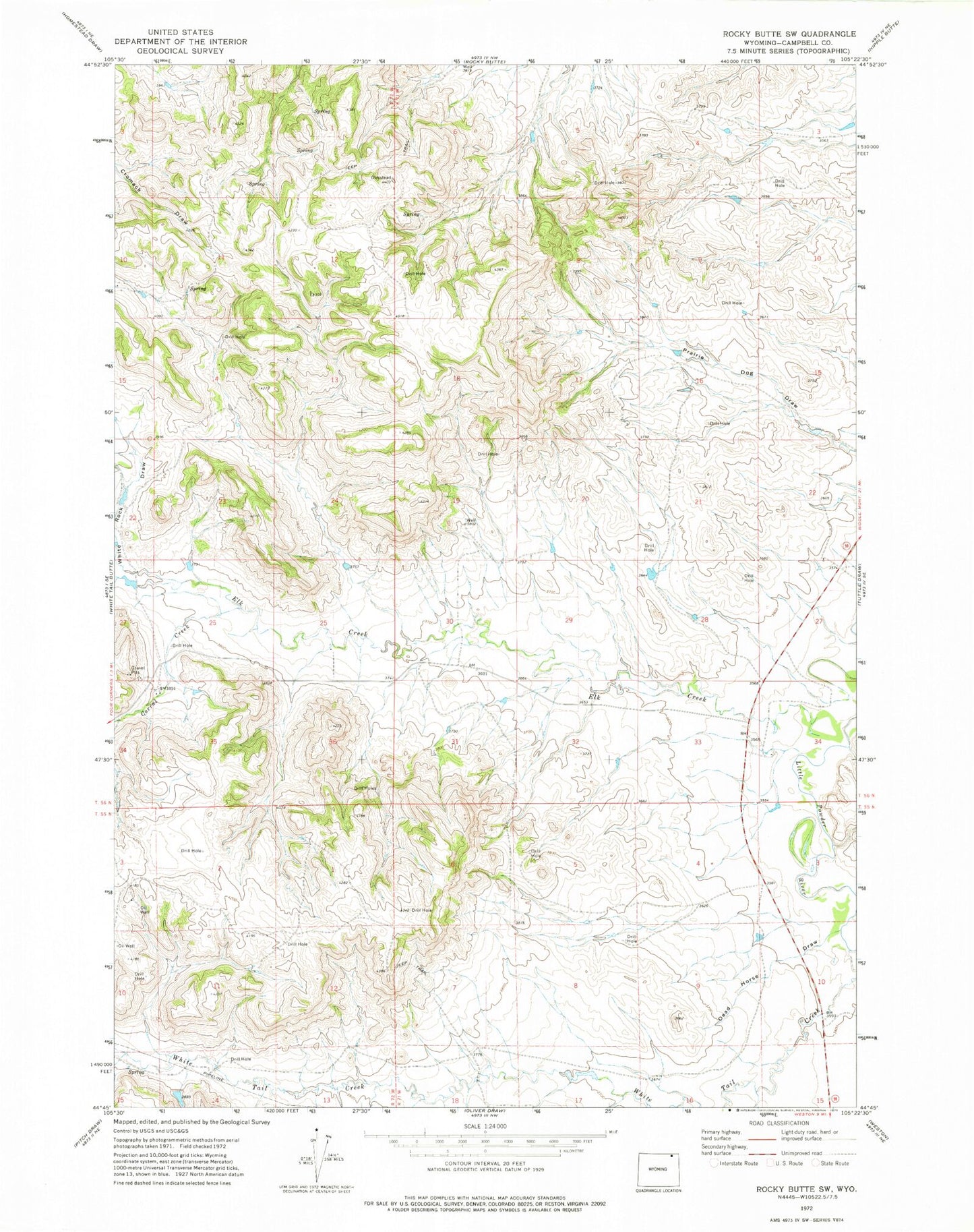 Classic USGS Rocky Butte SW Wyoming 7.5'x7.5' Topo Map Image