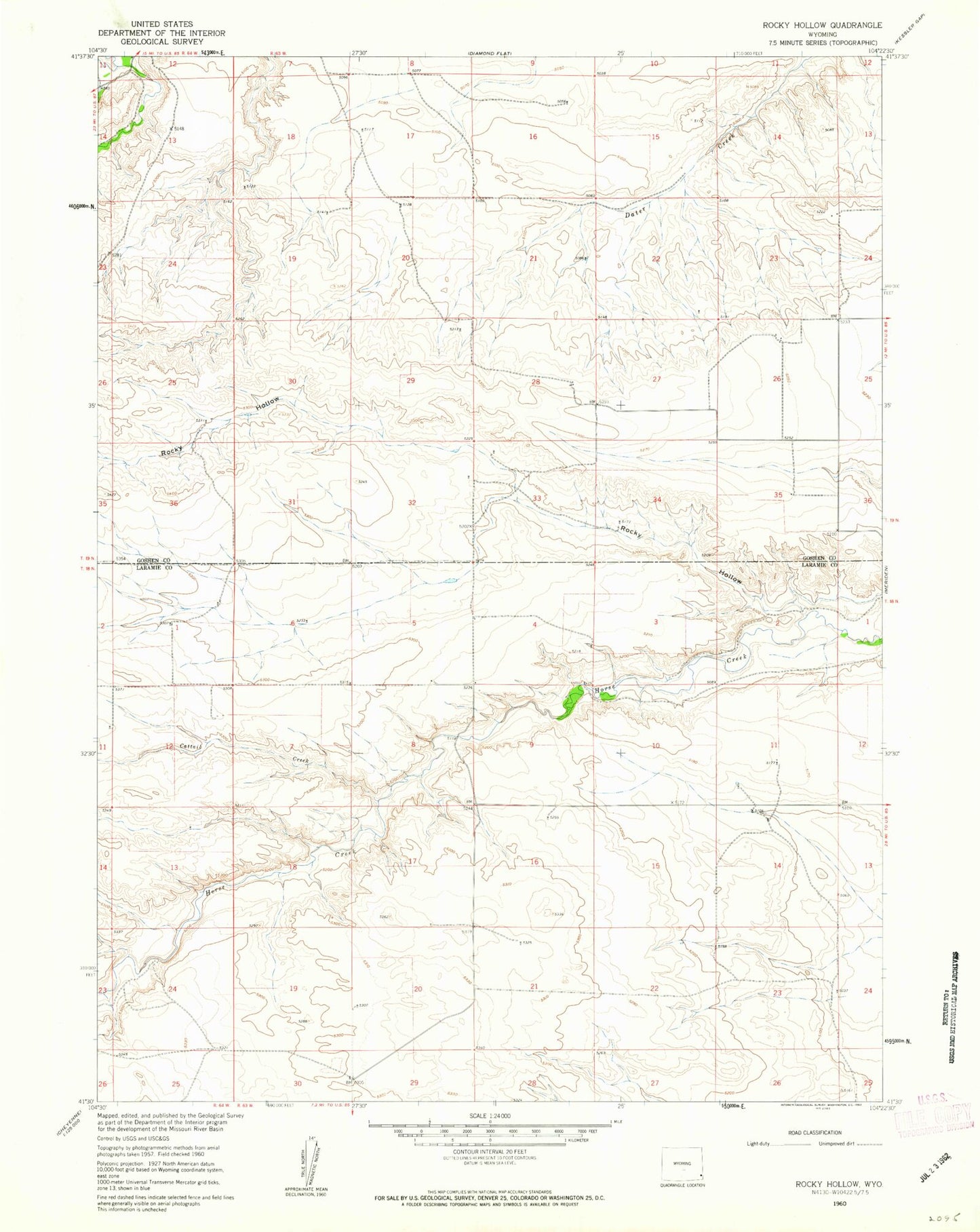 Classic USGS Rocky Hollow Wyoming 7.5'x7.5' Topo Map Image