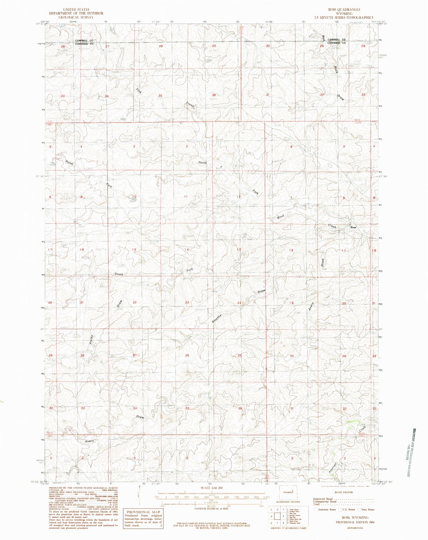Classic USGS Ross Wyoming 7.5'x7.5' Topo Map Image