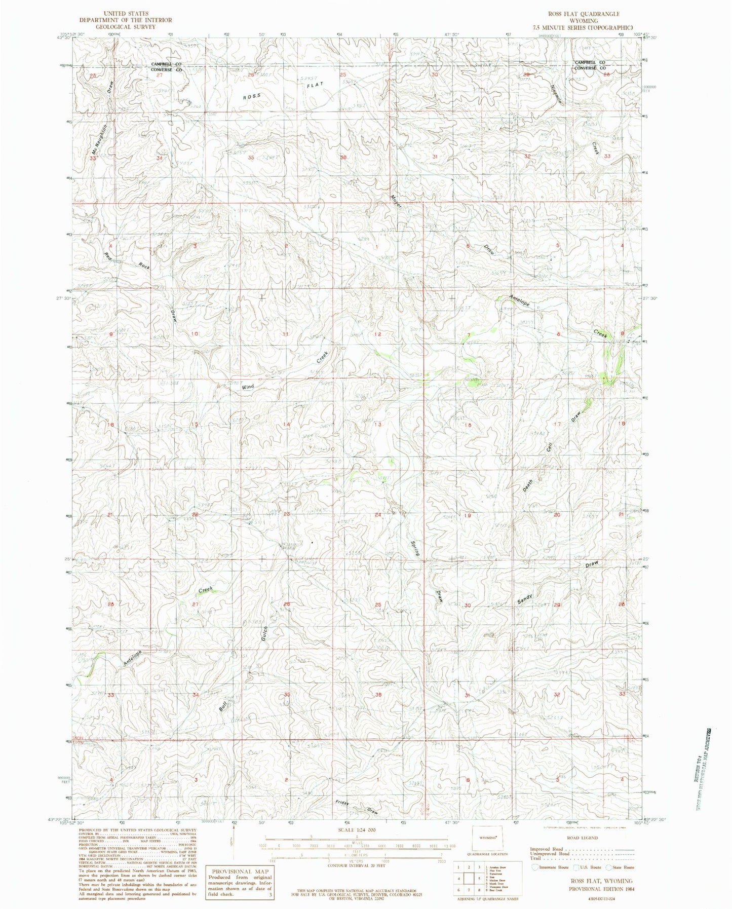Classic USGS Ross Flat Wyoming 7.5'x7.5' Topo Map Image