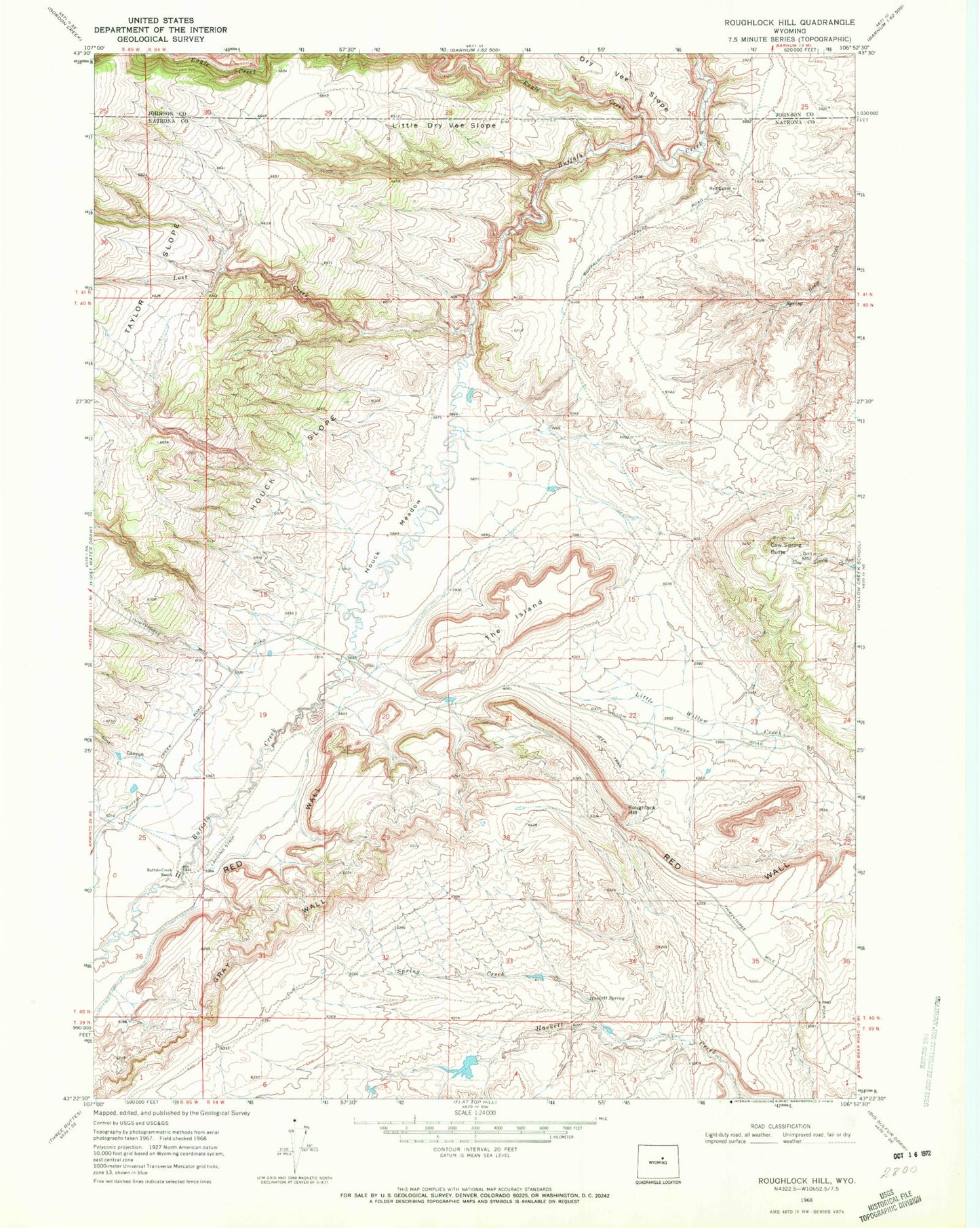 Classic USGS Roughlock Hill Wyoming 7.5'x7.5' Topo Map Image