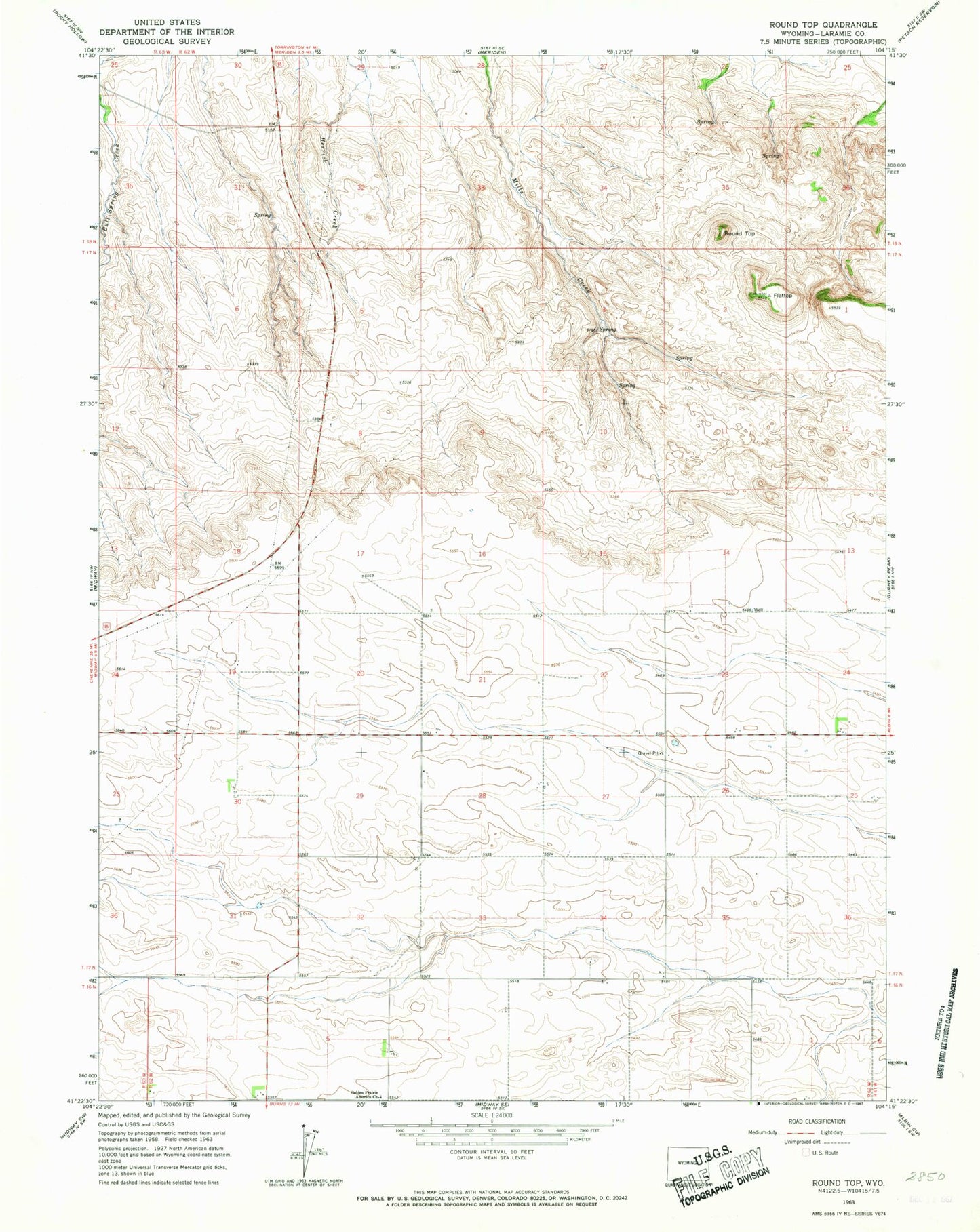 Classic USGS Round Top Wyoming 7.5'x7.5' Topo Map Image