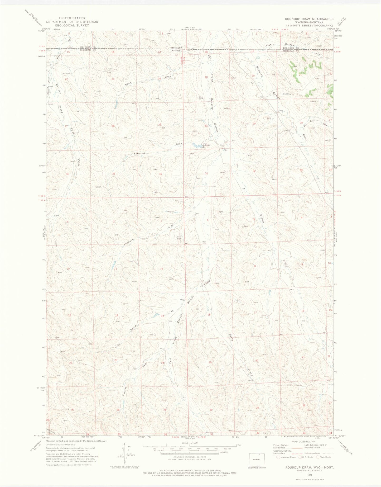 Classic USGS Roundup Draw Wyoming 7.5'x7.5' Topo Map Image