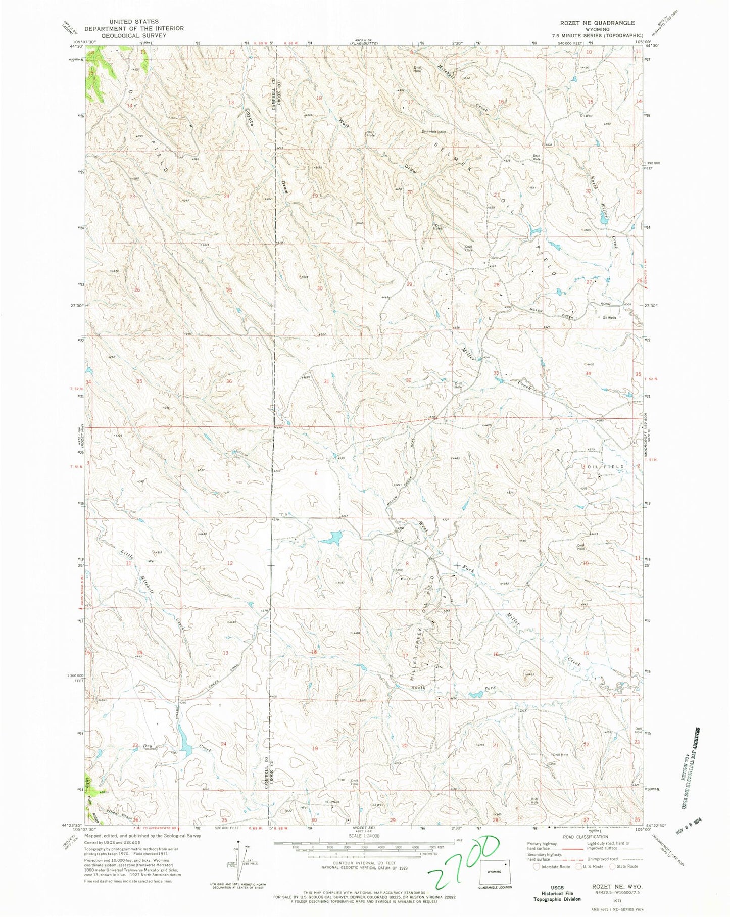 Classic USGS Rozet NE Wyoming 7.5'x7.5' Topo Map Image