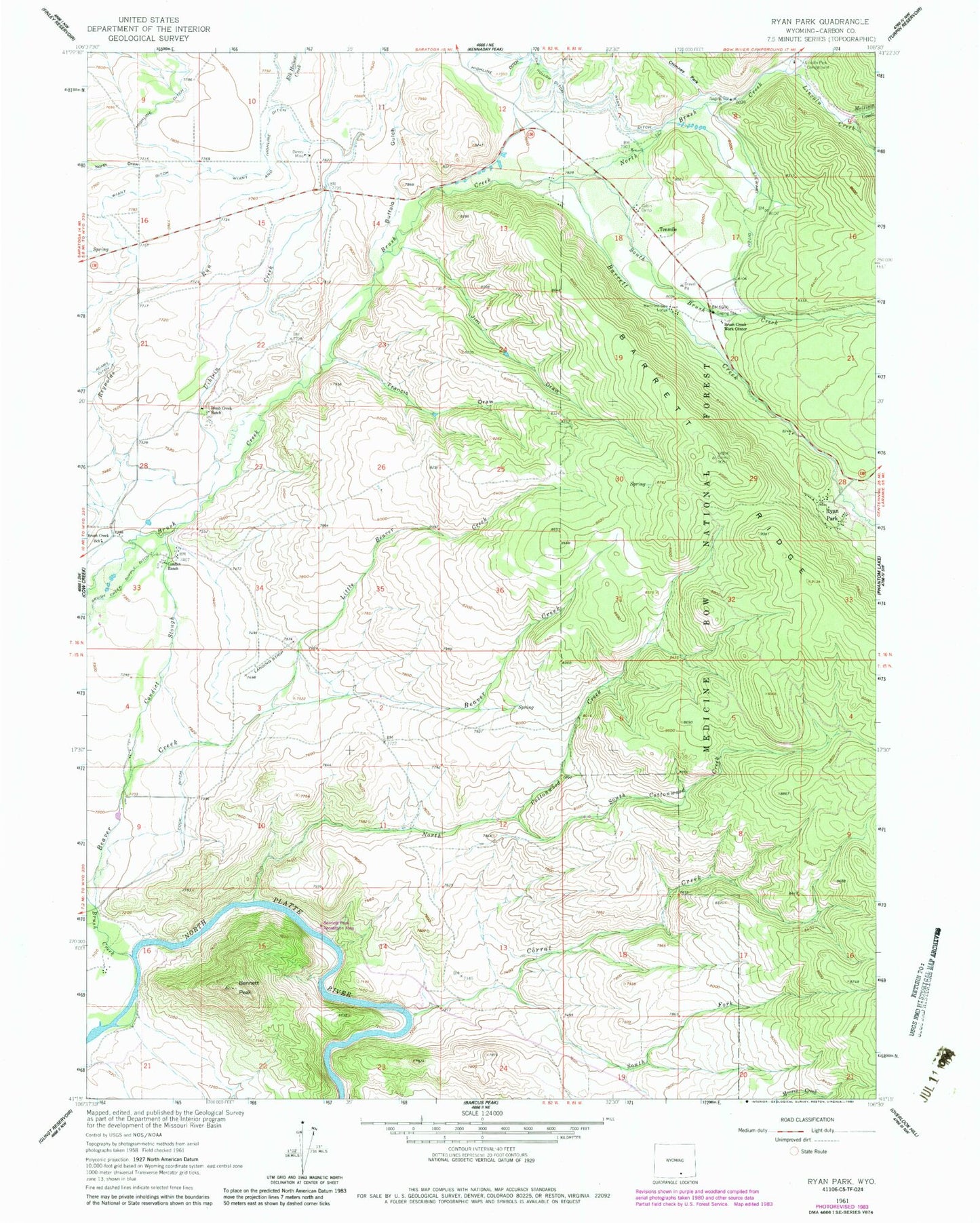 Classic USGS Ryan Park Wyoming 7.5'x7.5' Topo Map Image
