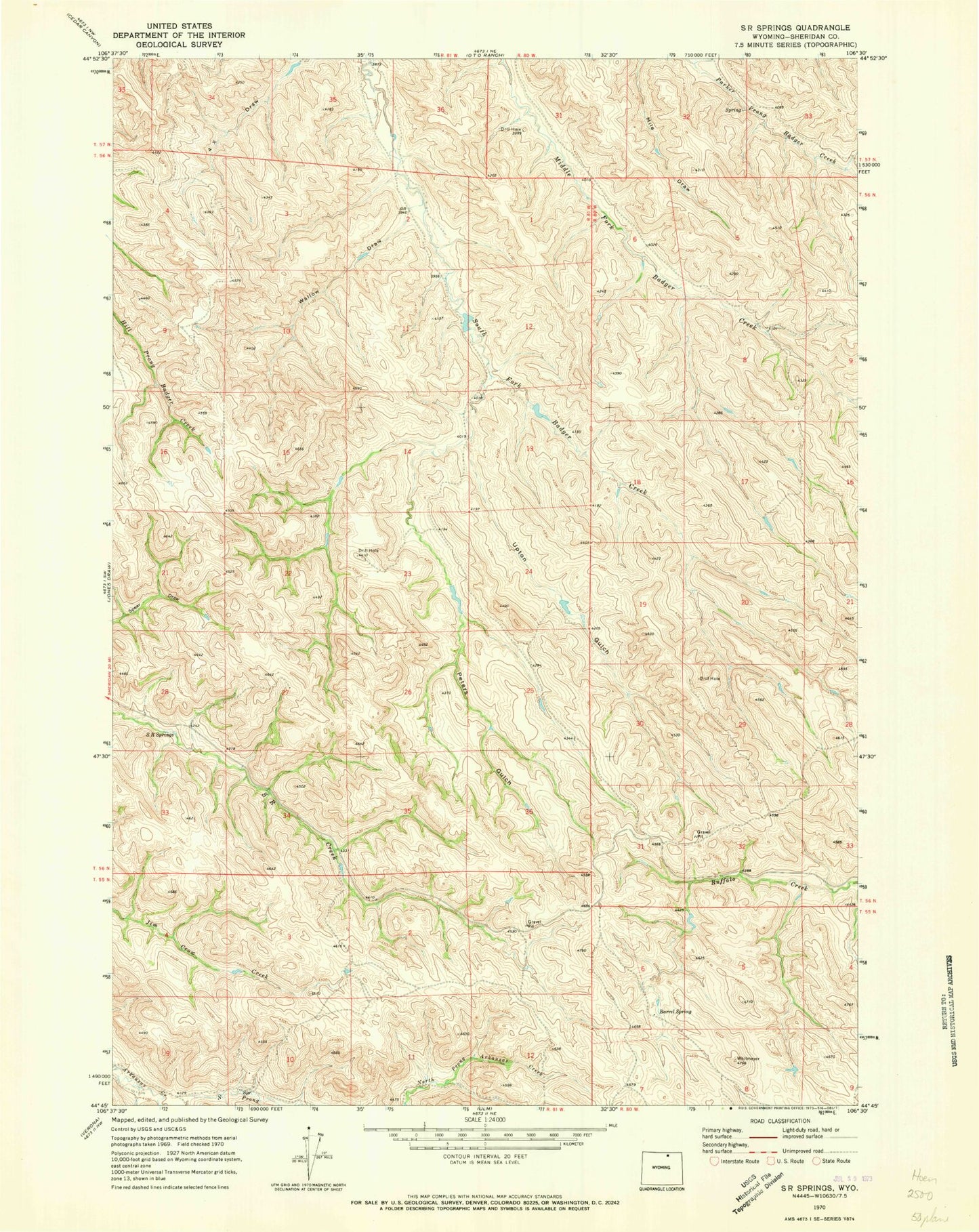 Classic USGS S R Springs Wyoming 7.5'x7.5' Topo Map Image