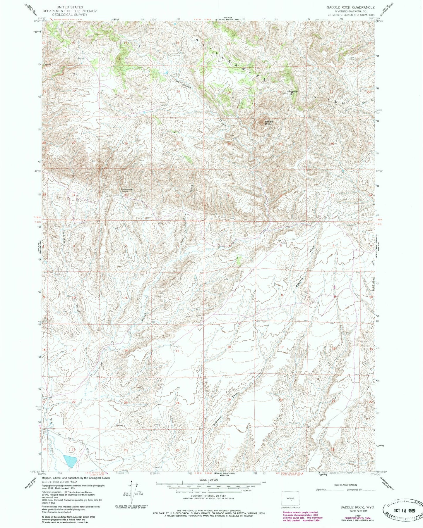 Classic USGS Saddle Rock Wyoming 7.5'x7.5' Topo Map Image