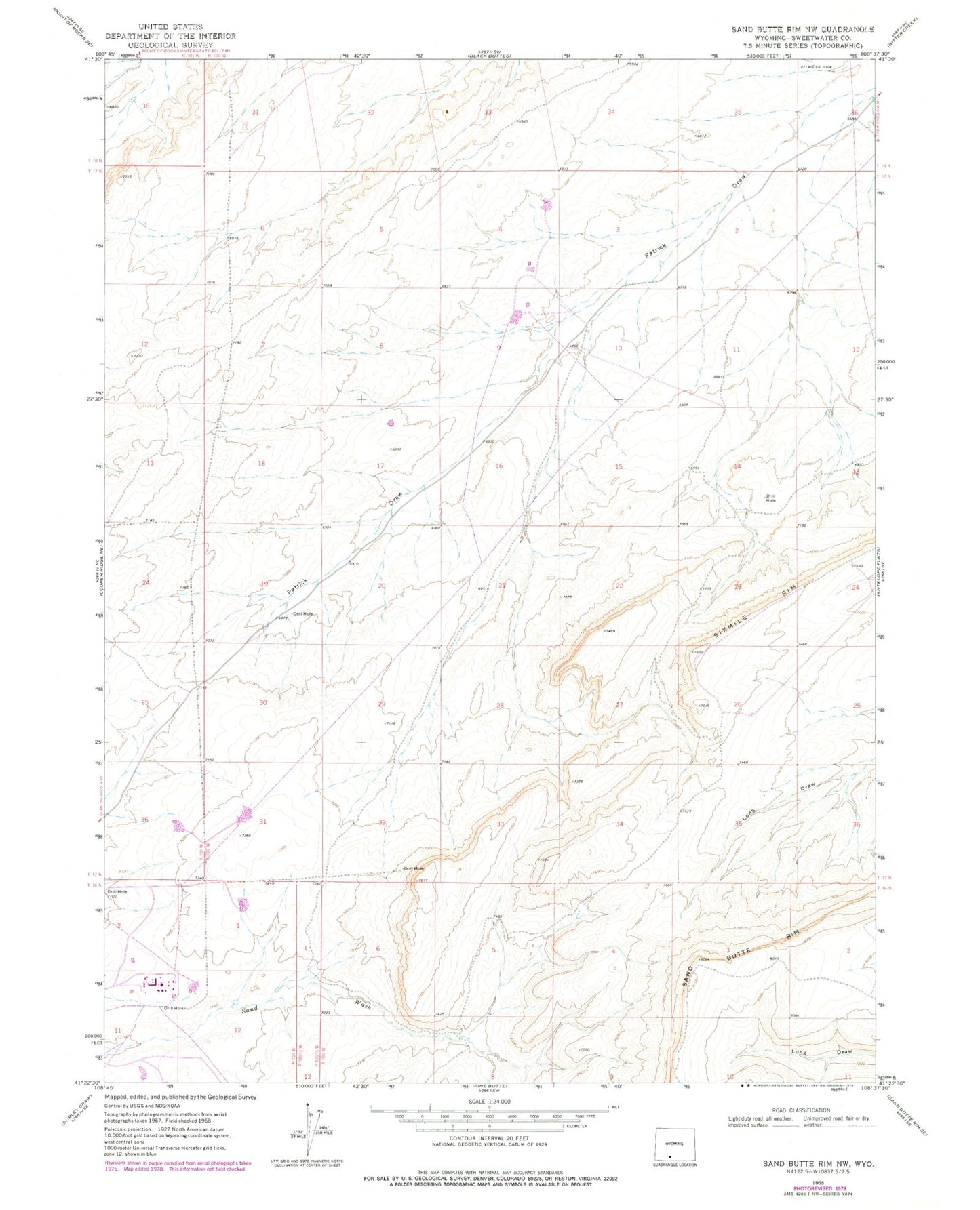 Classic USGS Sand Butte Rim NW Wyoming 7.5'x7.5' Topo Map Image