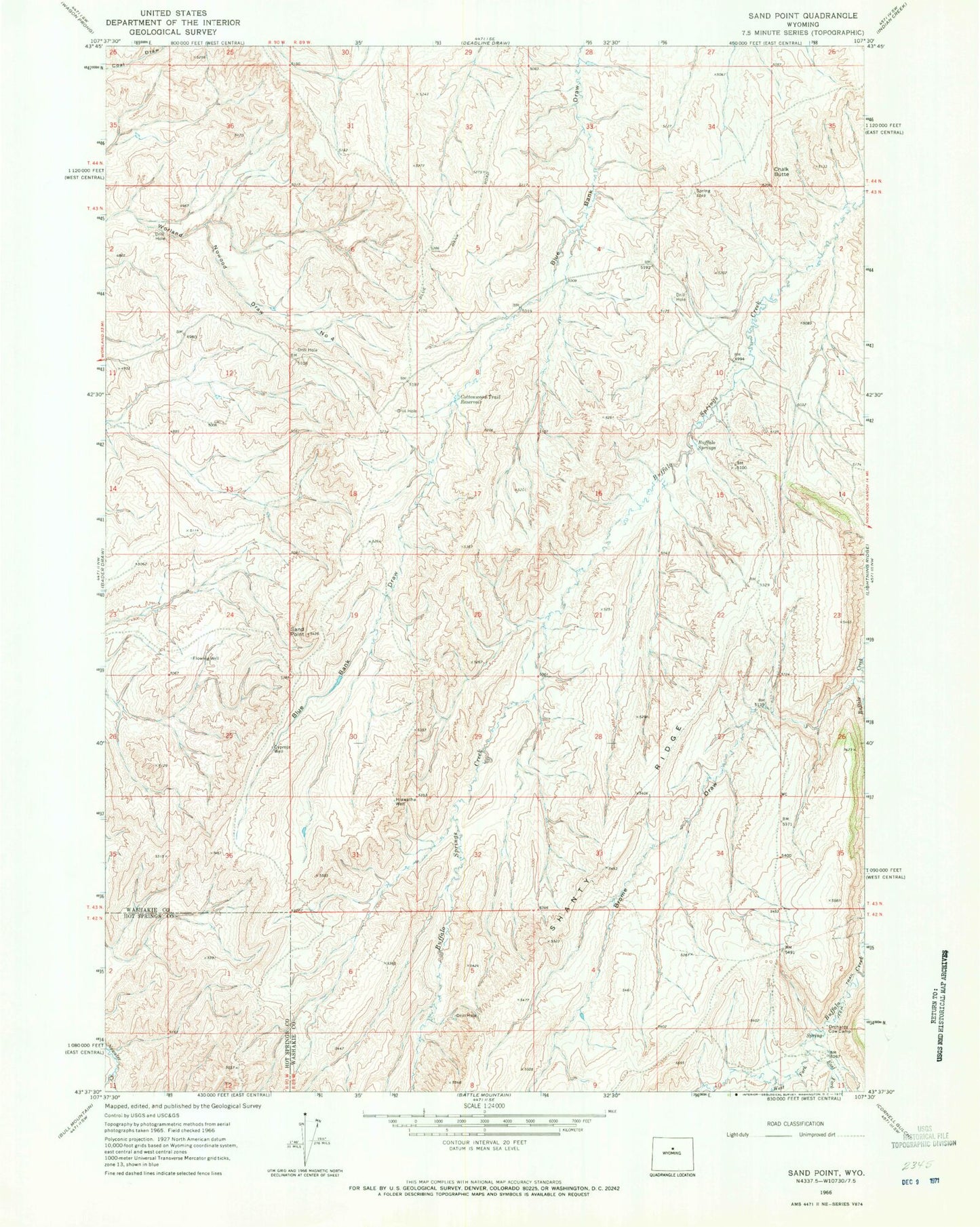 Classic USGS Sand Point Wyoming 7.5'x7.5' Topo Map Image