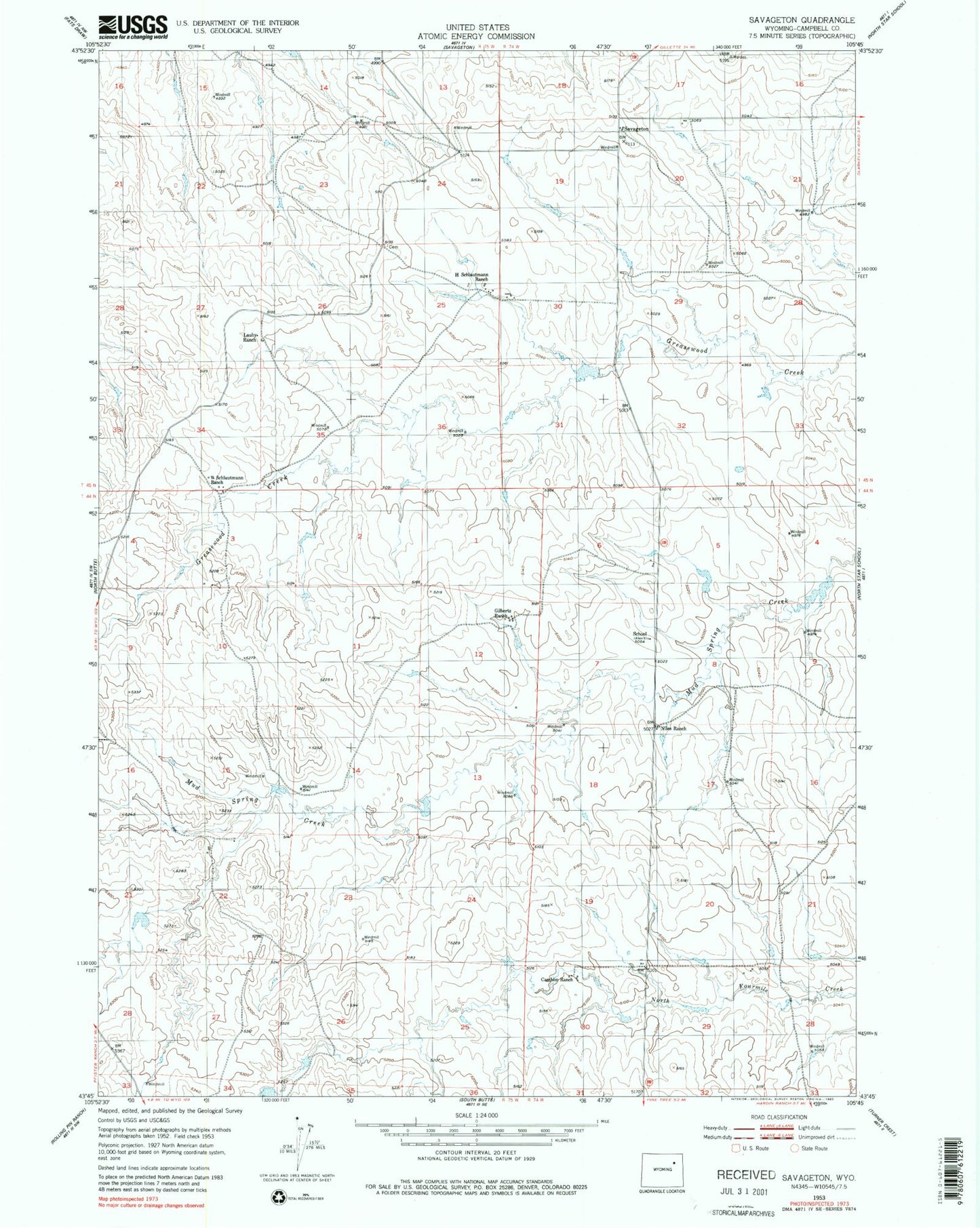 Classic USGS Savageton Wyoming 7.5'x7.5' Topo Map Image