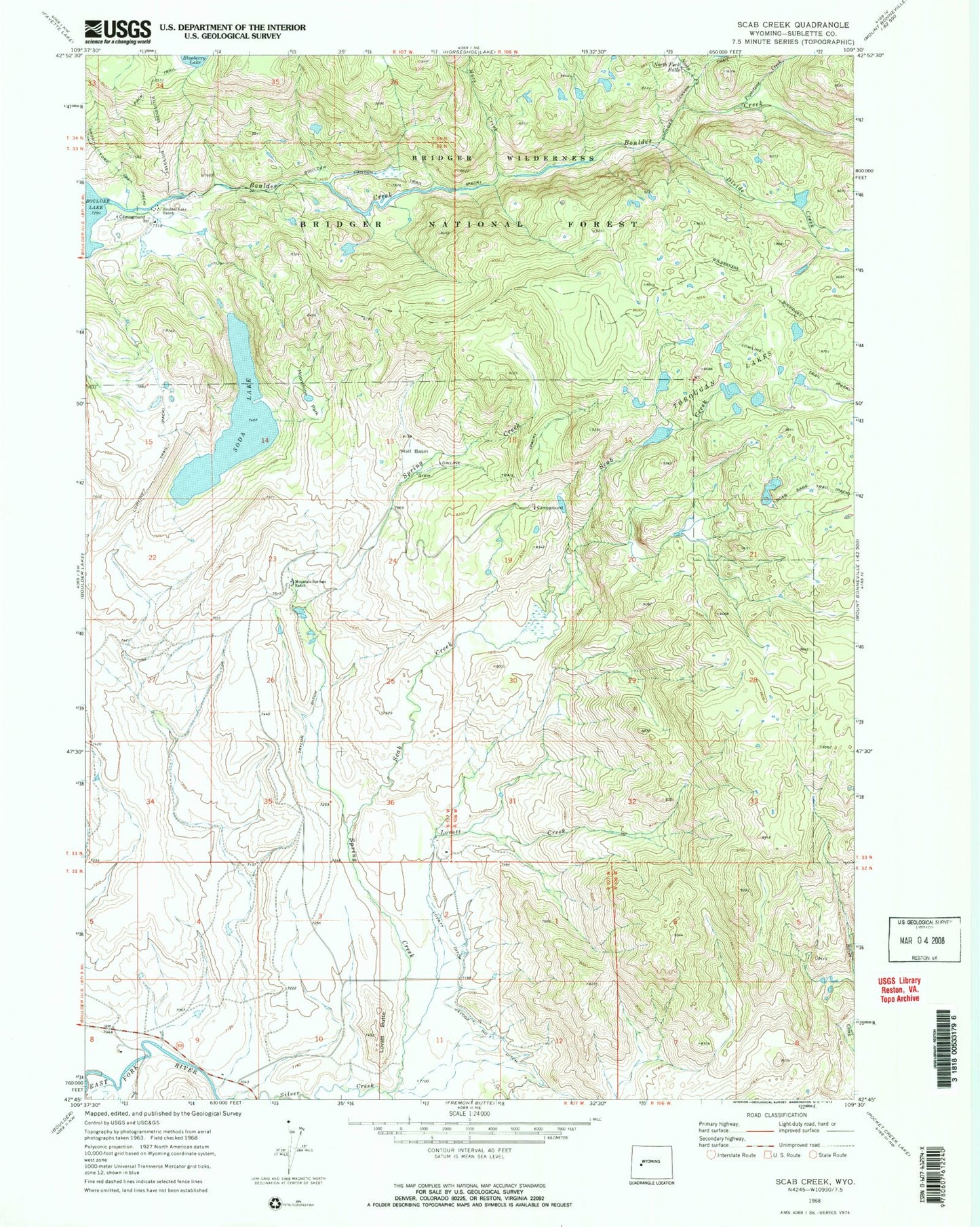 Classic USGS Scab Creek Wyoming 7.5'x7.5' Topo Map Image