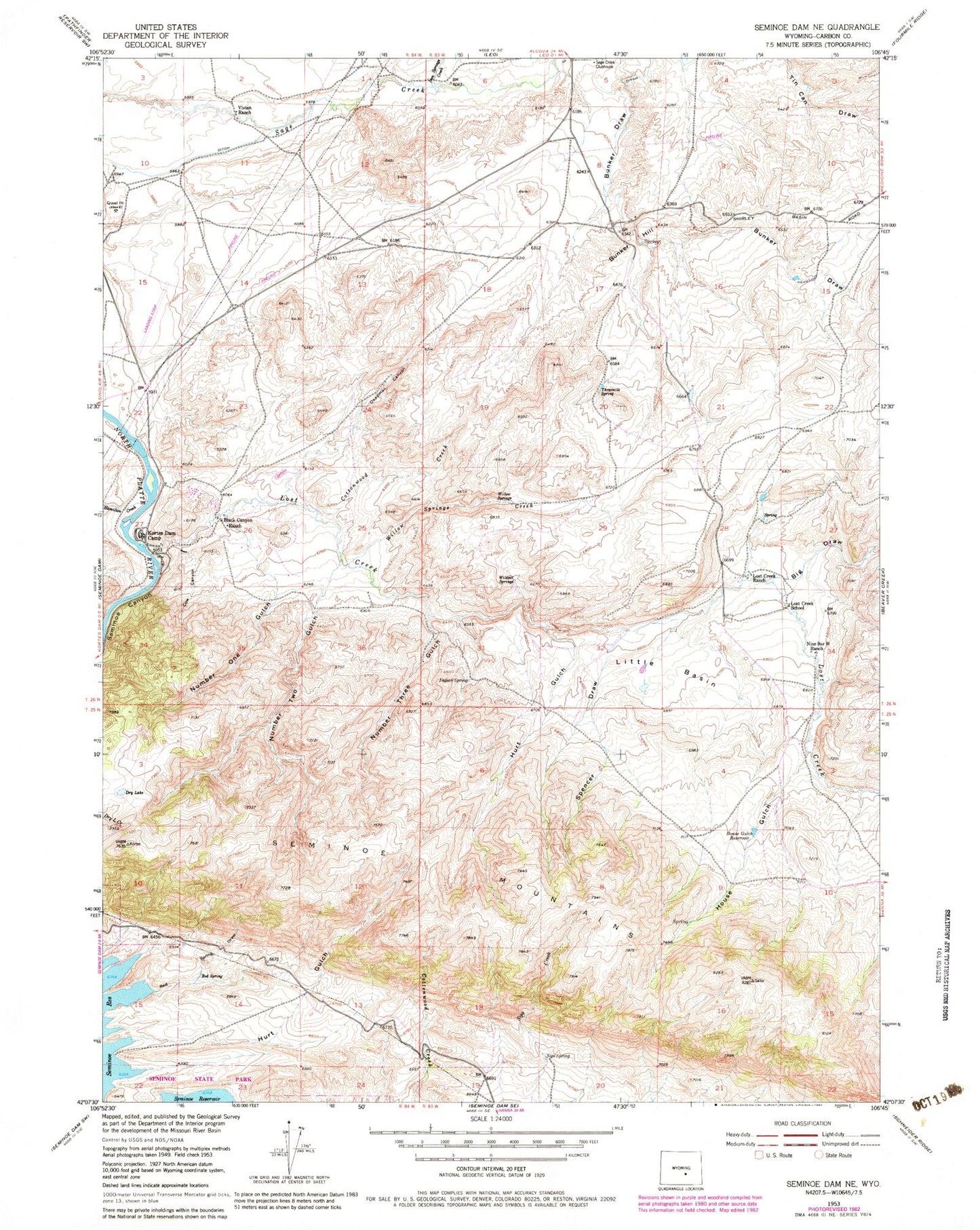 Classic USGS Seminoe Dam NE Wyoming 7.5'x7.5' Topo Map Image