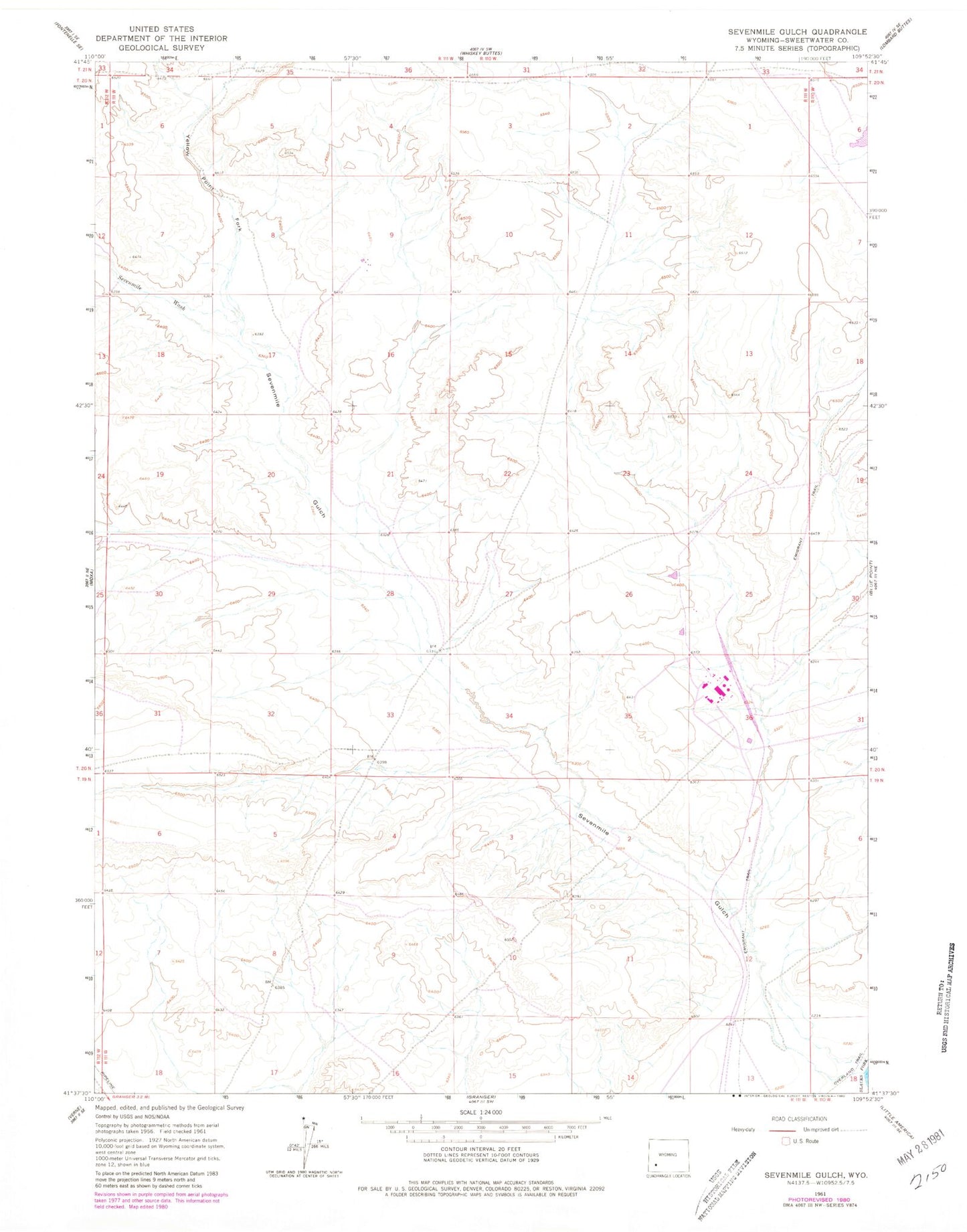 Classic USGS Sevenmile Gulch Wyoming 7.5'x7.5' Topo Map Image