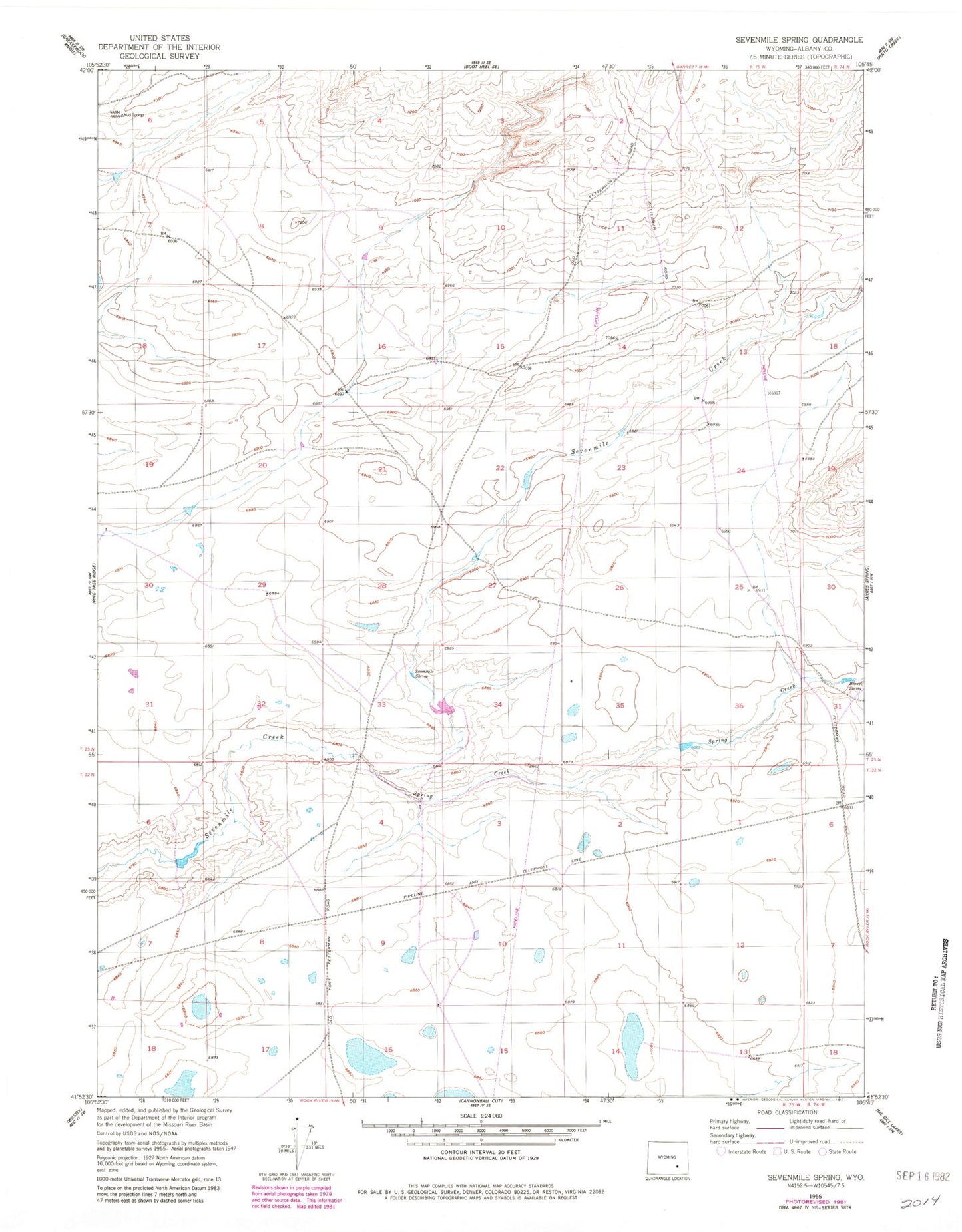 Classic USGS Sevenmile Spring Wyoming 7.5'x7.5' Topo Map Image