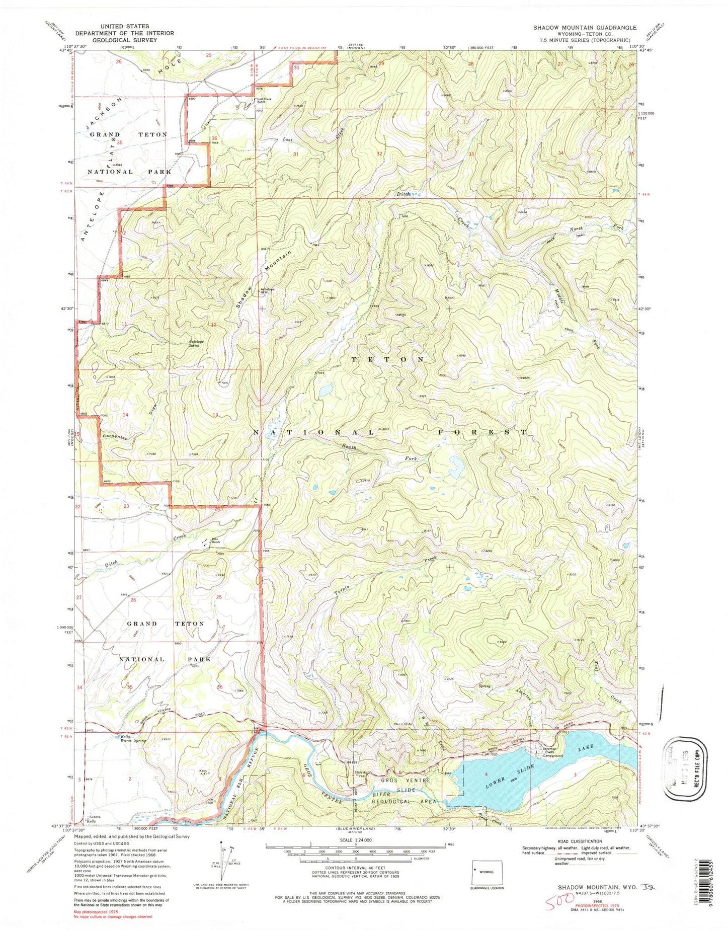 Classic USGS Shadow Mountain Wyoming 7.5'x7.5' Topo Map Image