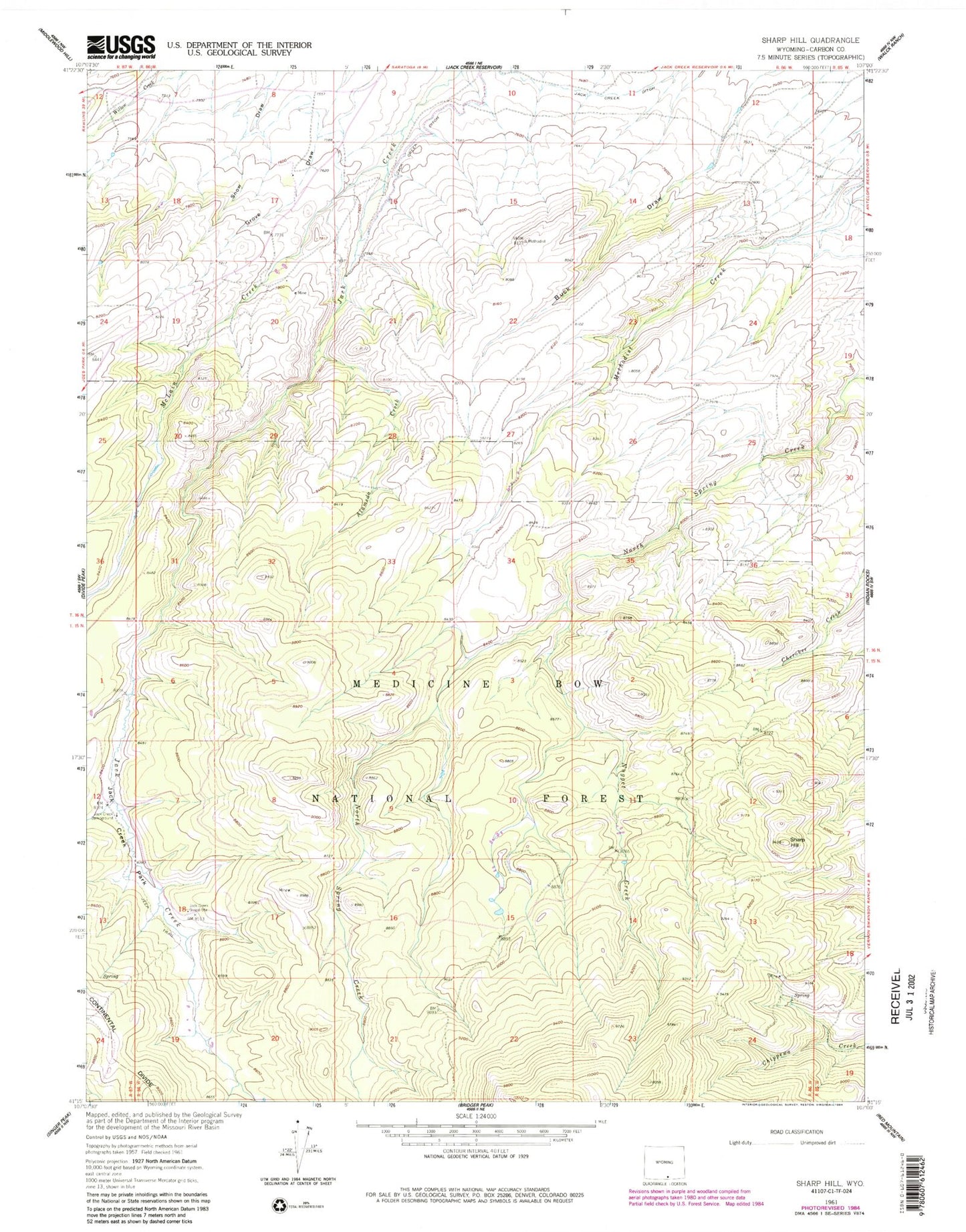 Classic USGS Sharp Hill Wyoming 7.5'x7.5' Topo Map Image