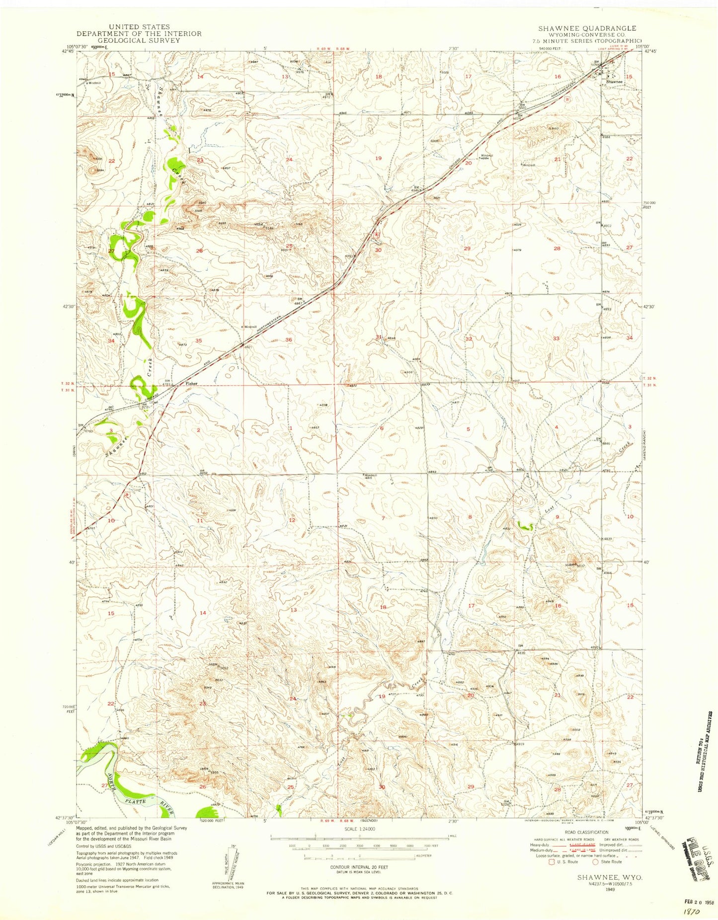 Classic USGS Shawnee Wyoming 7.5'x7.5' Topo Map Image